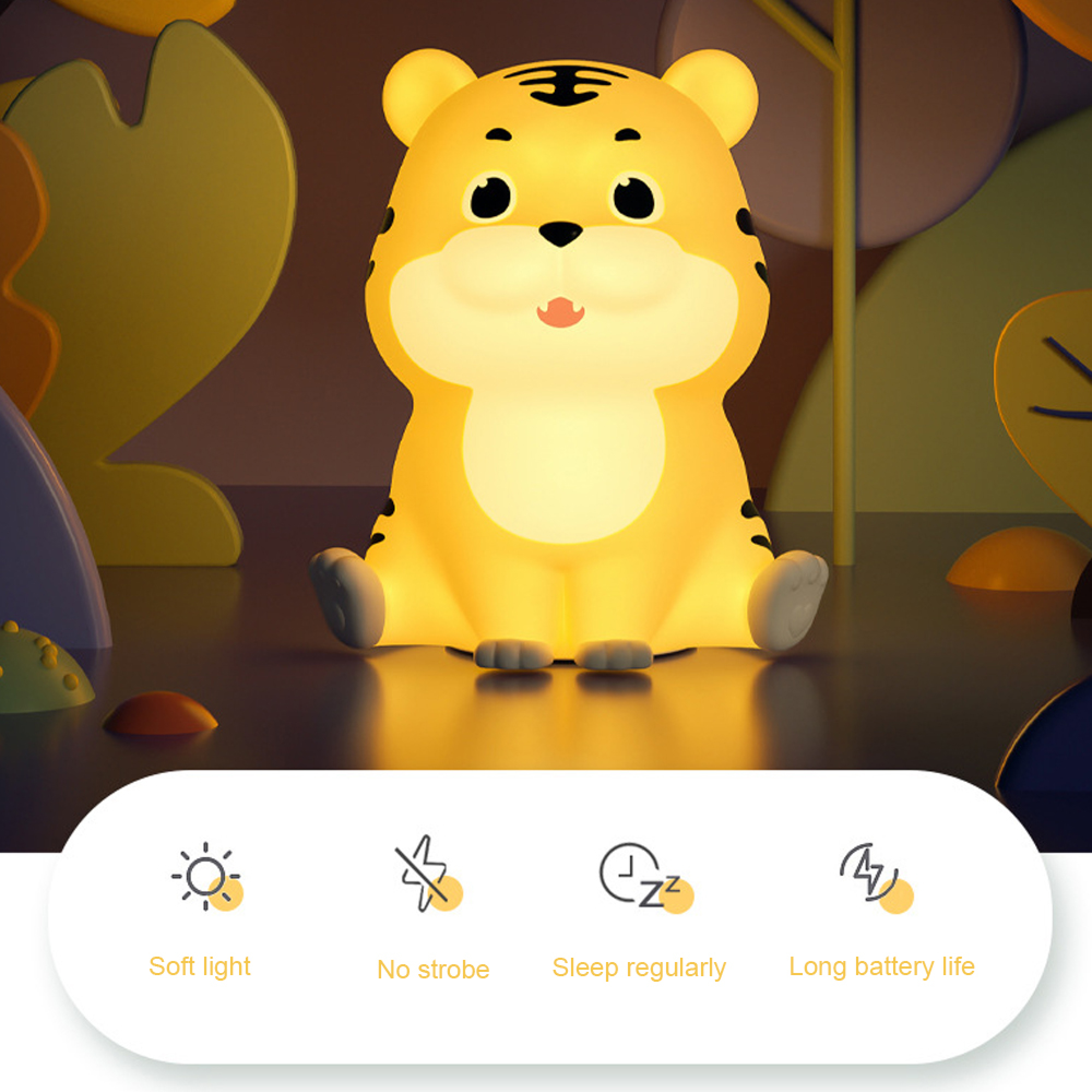 Eine niedliche, leuchtende Tiger-Nachtlampe sitzt vor einem bunten Hintergrund mit vier Produktmerkmalen.