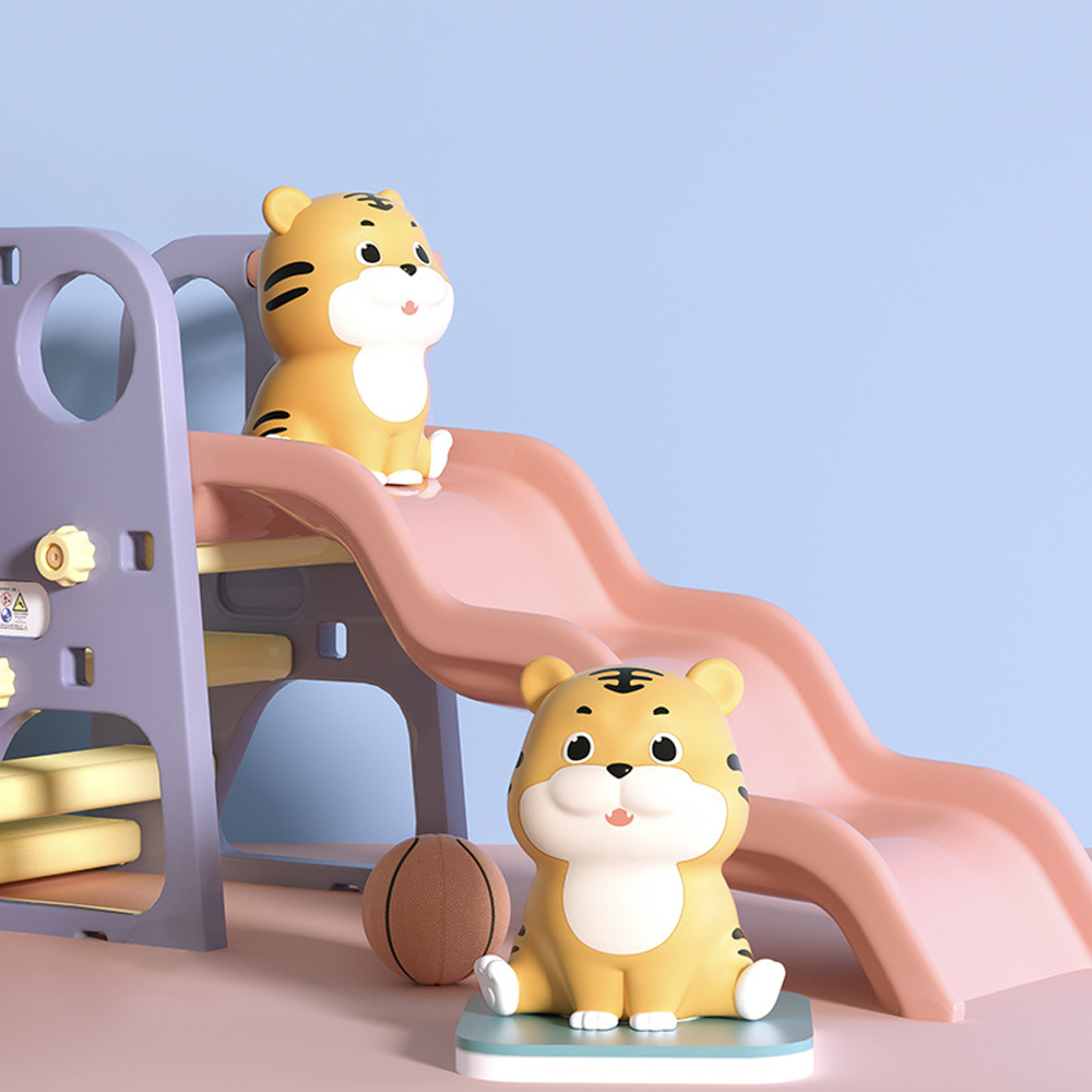 Zwei süße Tiger-Figuren bei einer rosa Rutsche mit einem Basketball.