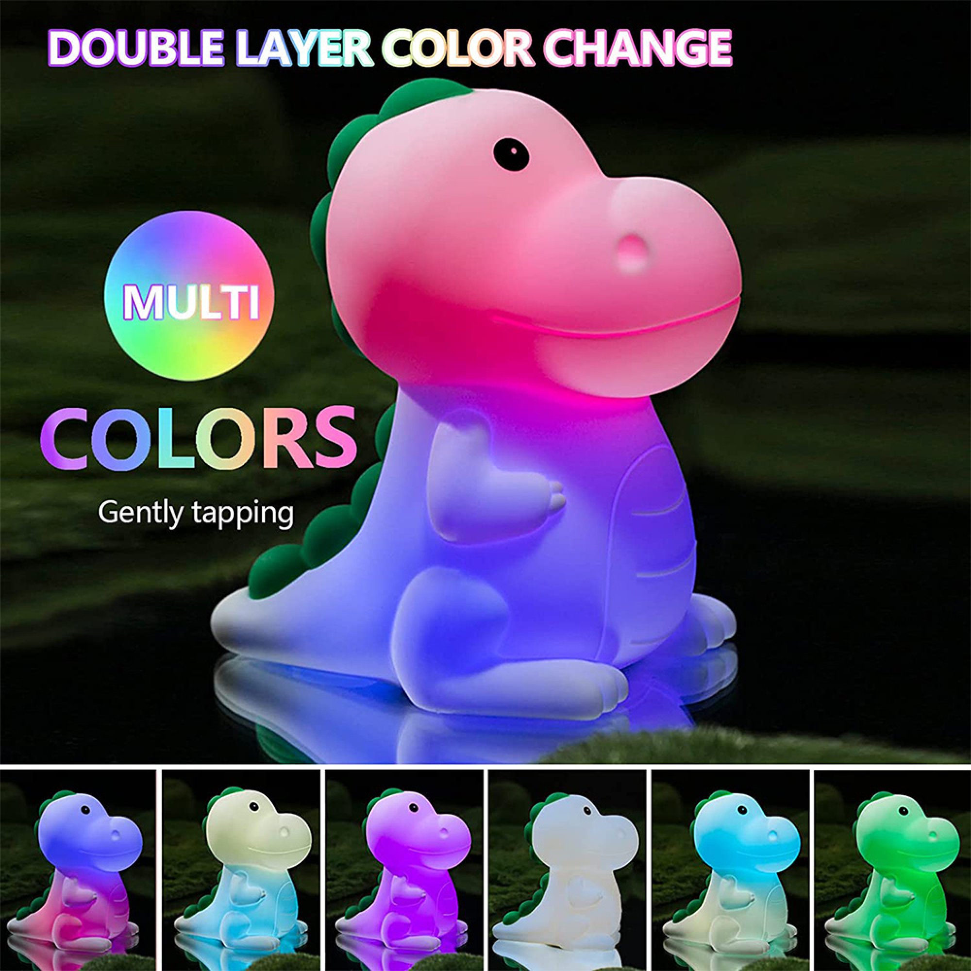Eine rosa und blaue Dinosaurier-Nachtlampe mit grünem Kamm auf schwarzem Hintergrund.