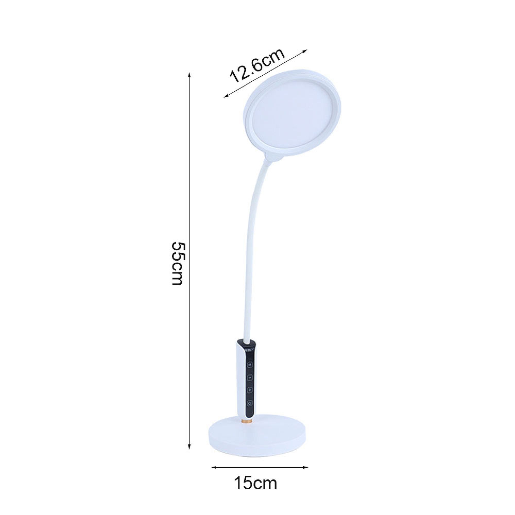 Weiße LED-Schreibtischlampe mit flexiblem Hals und Maßangaben in cm.