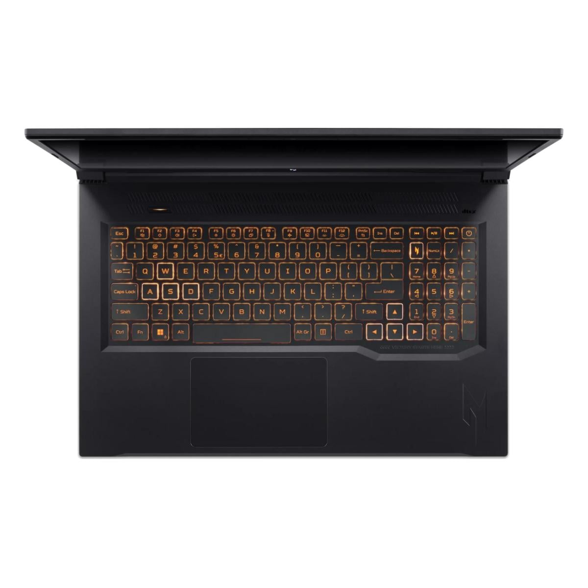 Ein schwarzer Laptop mit beleuchteter Tastatur und integriertem Touchpad.