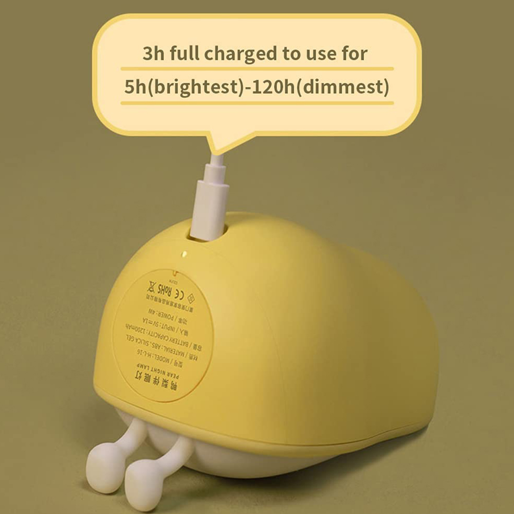 Eine gelbe Birnen-Nachtlampe mit Kabel und Textblase zur Ladezeit.
