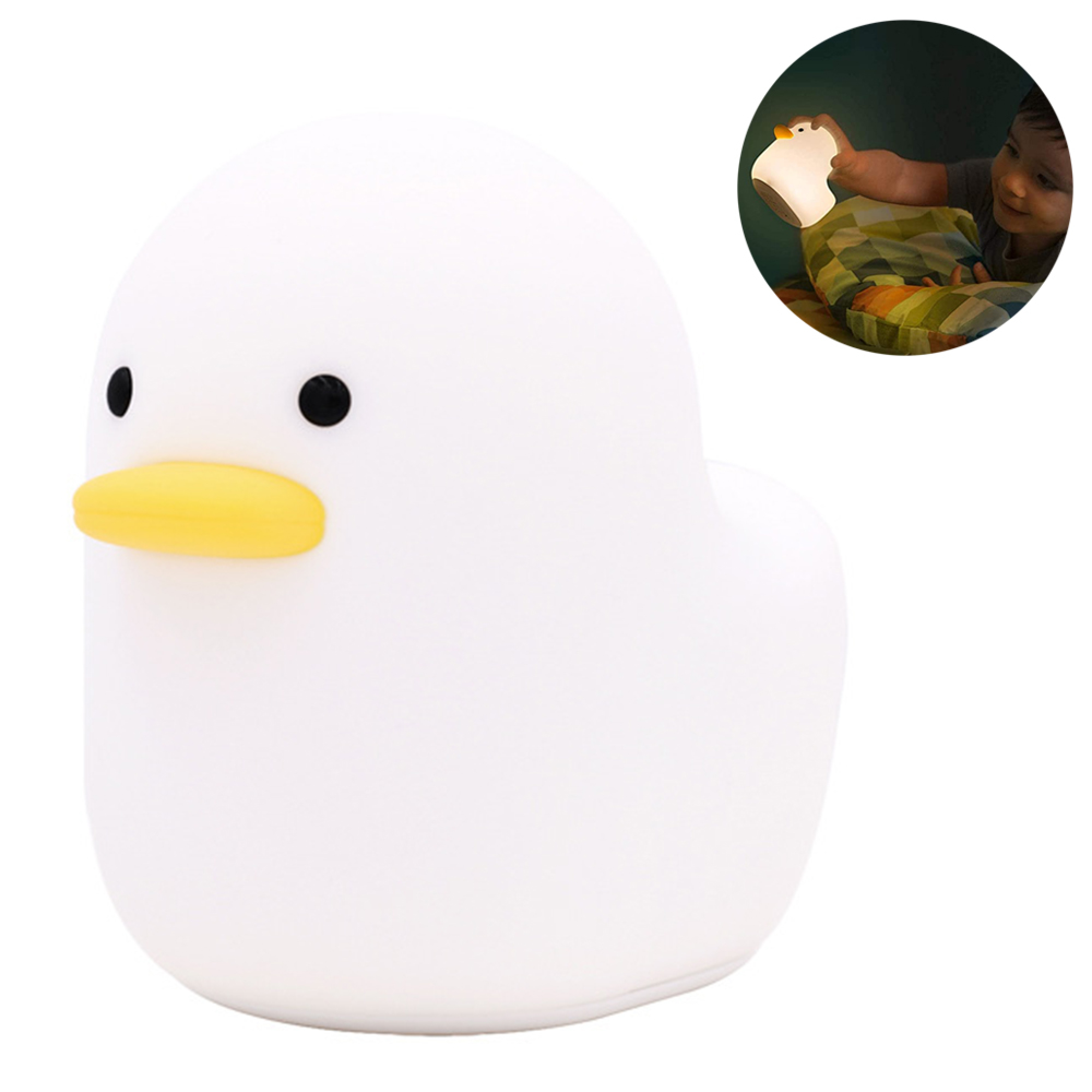 Eine weiße Entenlampe mit gelbem Schnabel und schwarzen Augen; oben rechts ein Kind, das sie hält.