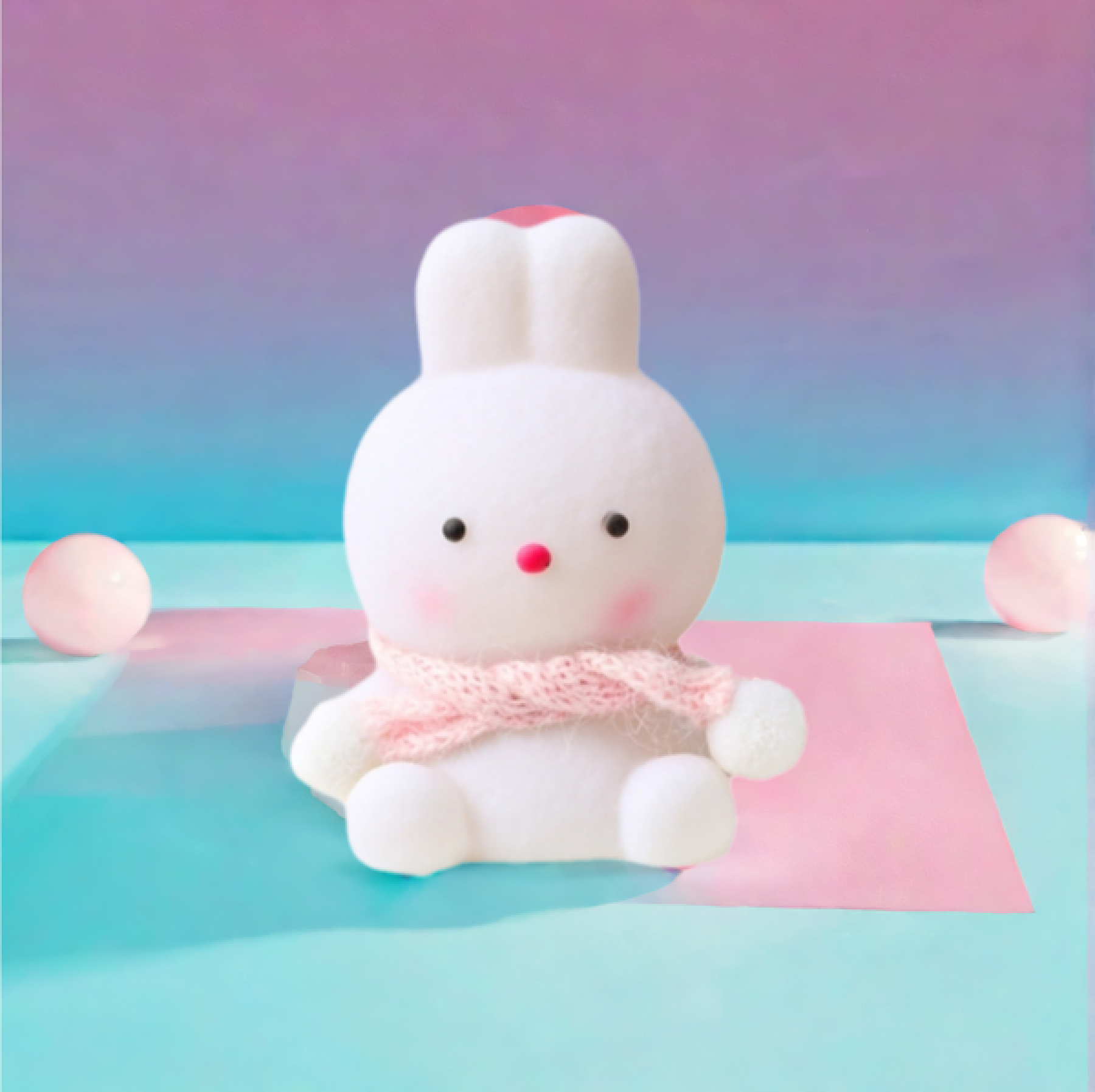 Ein weißer Stoffhase mit Schal sitzt auf pinkem Papier vor einem blau-lila Hintergrund mit zwei rosa Kugeln.