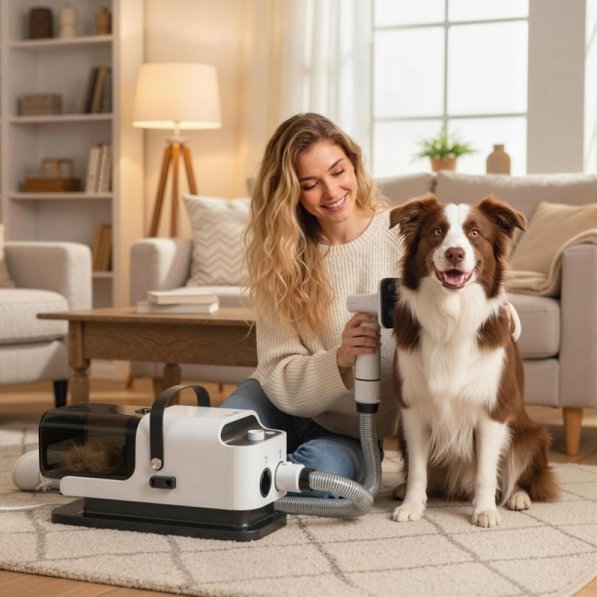 Eine blonde Frau bürstet ihren braun-weißen Hund mit einem Haustier-Staubsauger im Wohnzimmer.