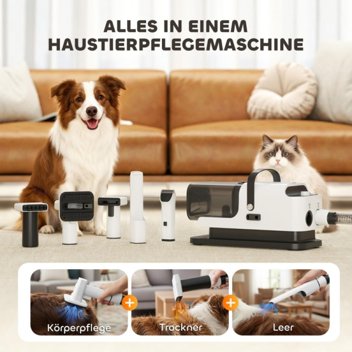 Ein Hund und eine Katze sitzen neben einer Haustierpflege-Maschine mit verschiedenen Aufsätzen.