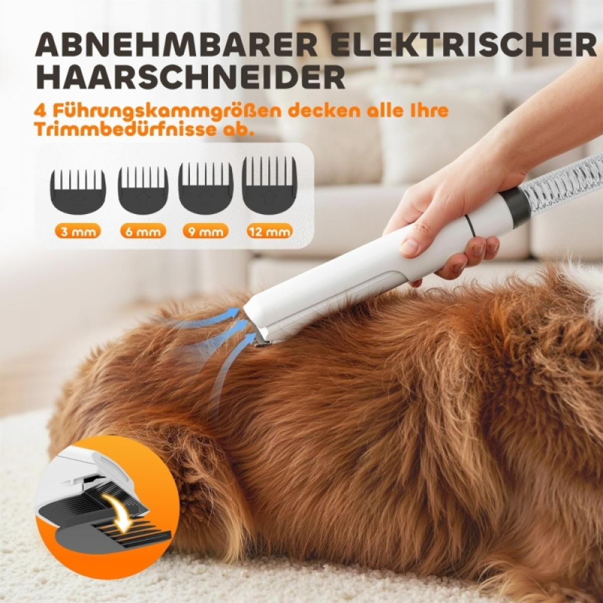 Eine Person benutzt eine weiße elektrische Haarschneidemaschine für Hunde, mit Aufsätzen und deutschem Text.