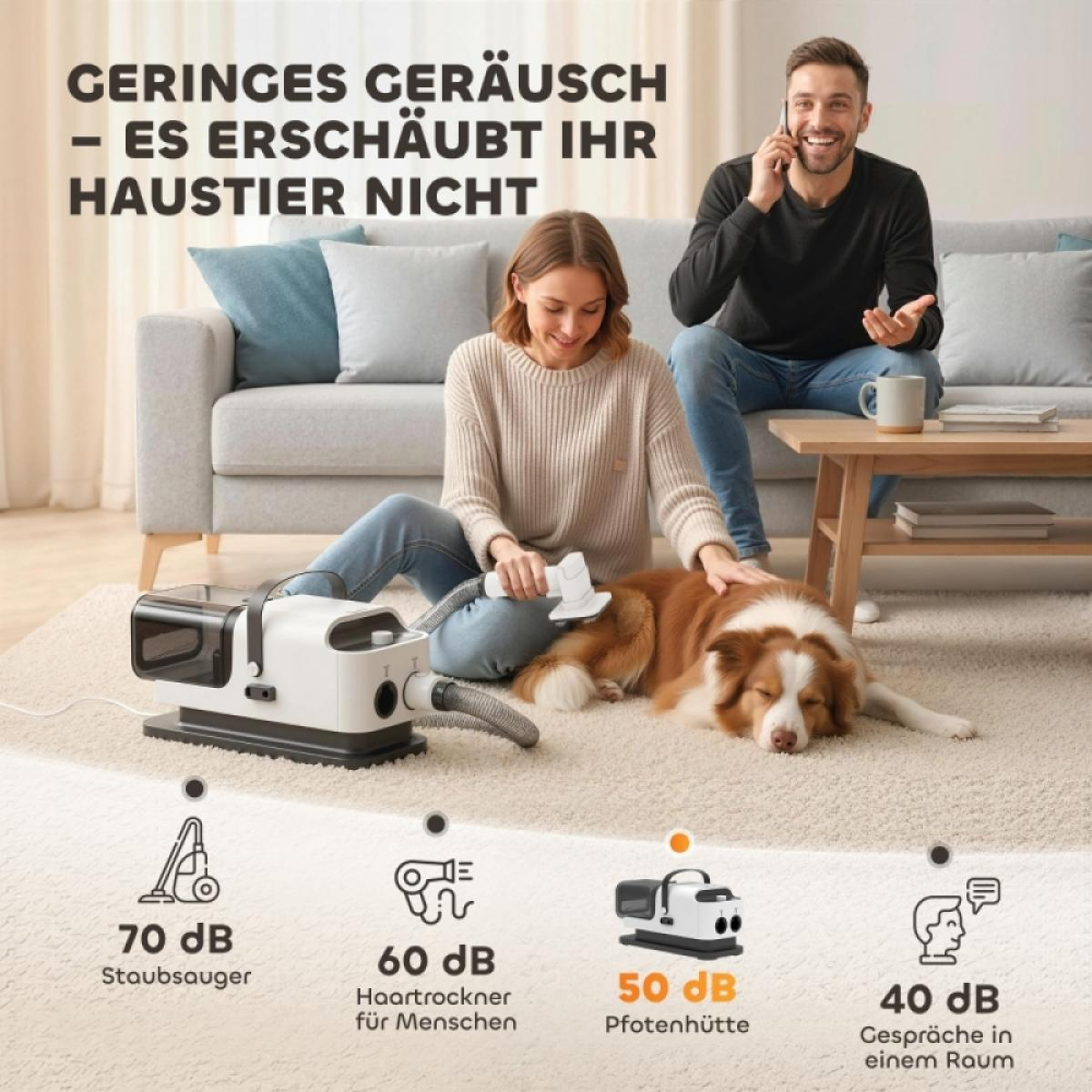 Frau bürstet Hund mit leisem Gerät, während Mann telefoniert.