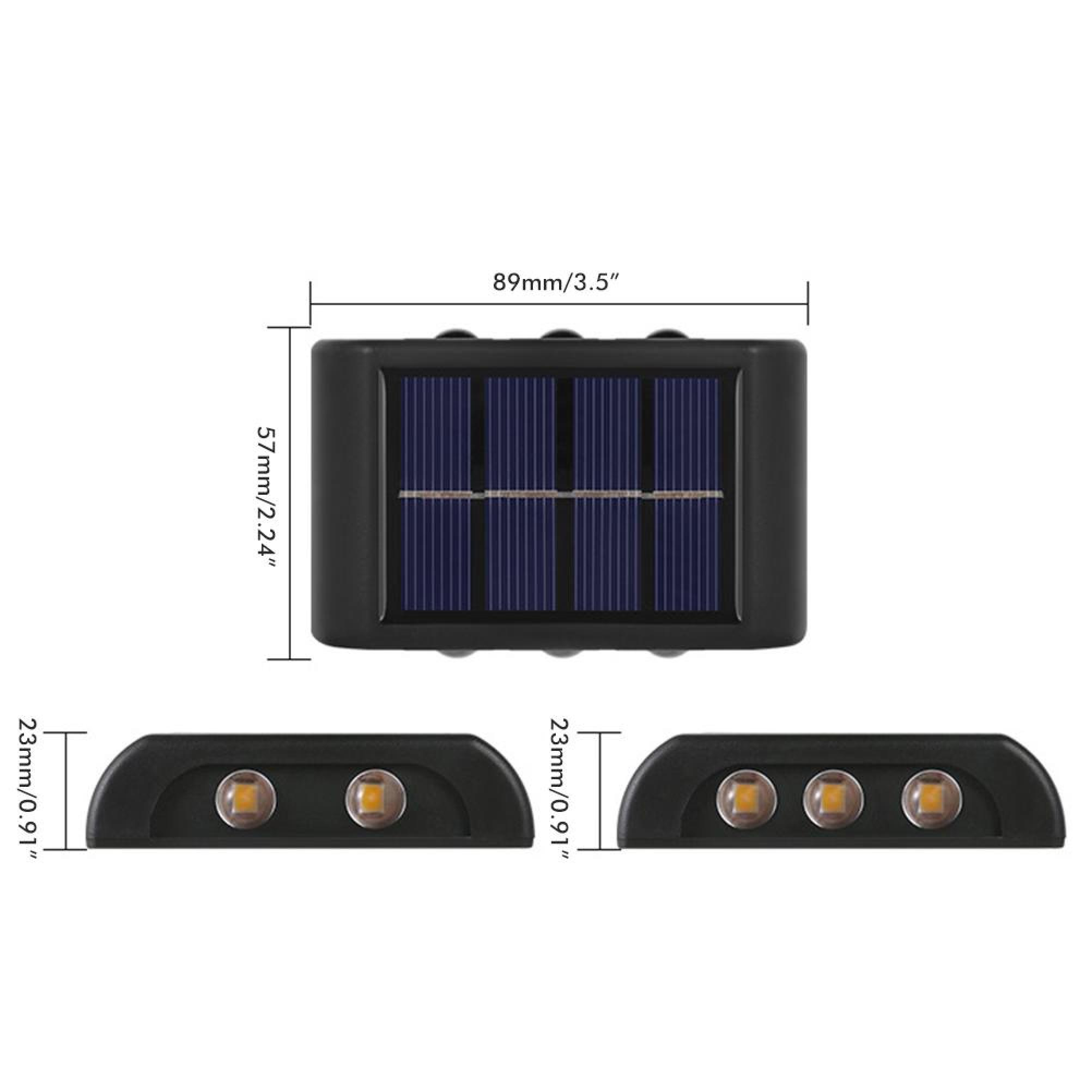 Diagramm zeigt Abmessungen einer kleinen schwarzen Solarleuchte in Millimetern und Zoll.