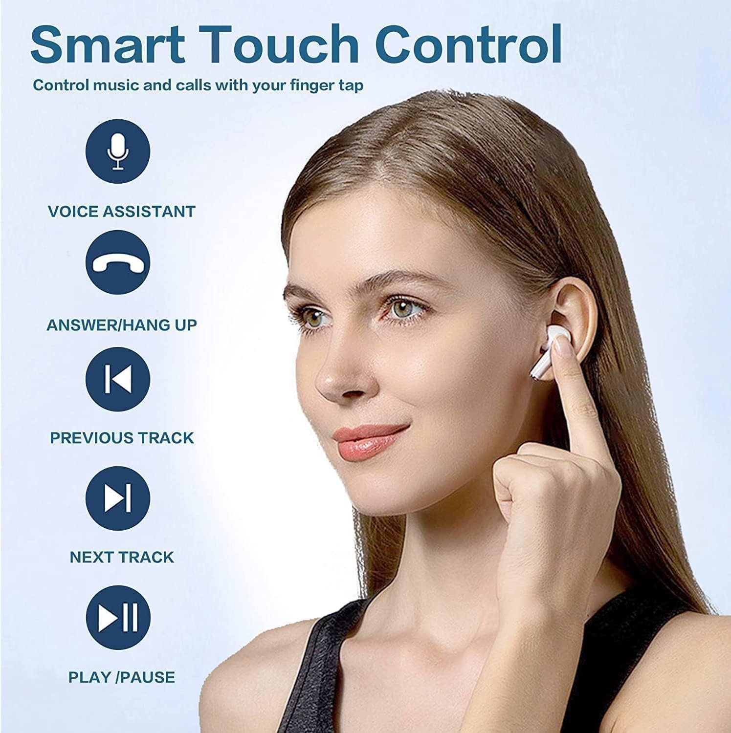 Eine Frau tippt auf ihren Ohrhörer, daneben Icons mit Touch-Steuerungsfunktionen.