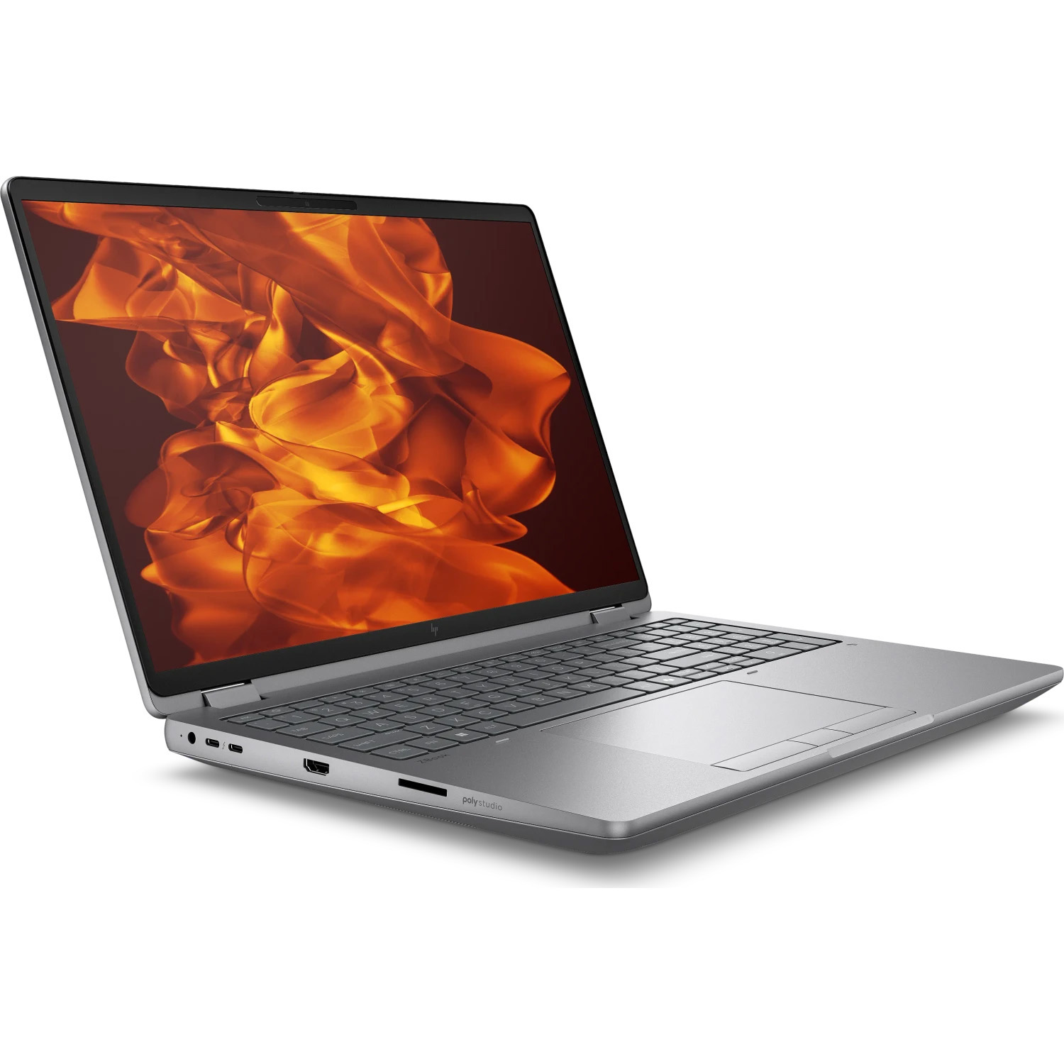 Ein grauer Laptop mit einer orangeroten Wellenmuster-Grafik auf dem Bildschirm steht auf einer weissen Oberflaeche.