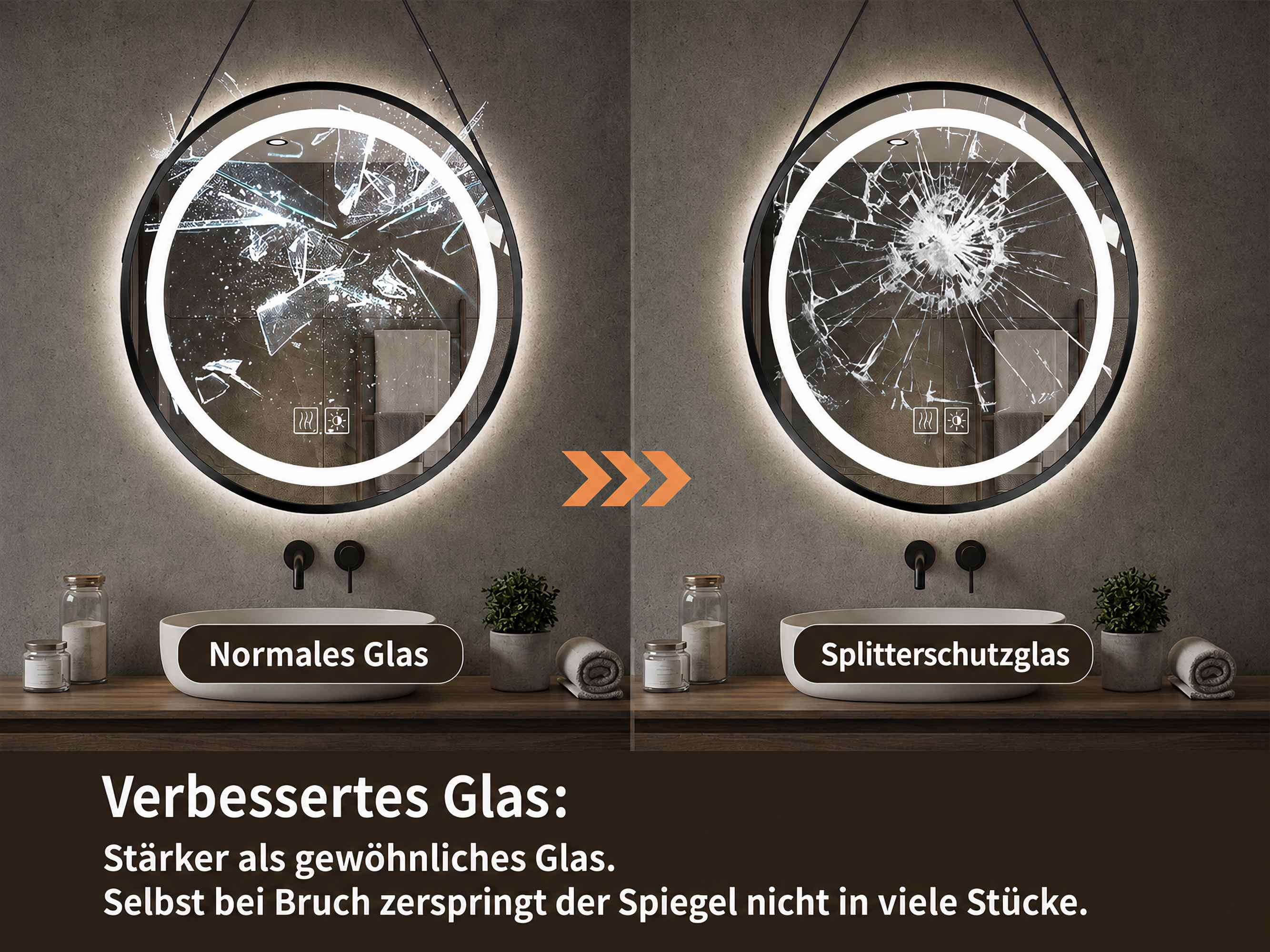 Vergleich von Normalglas und Splitterschutzglas bei einem runden Badezimmerspiegel mit Beleuchtung.