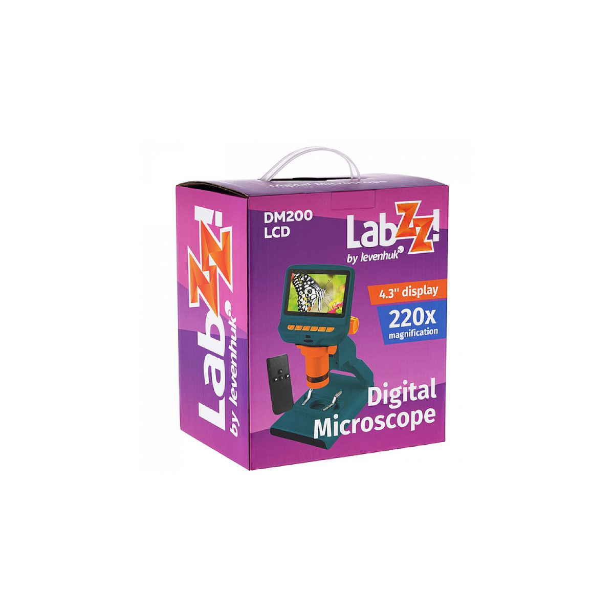 Lila LabZZ DM200 LCD digitales Mikroskop Produktkarton mit Griff und Produktbild vorne.