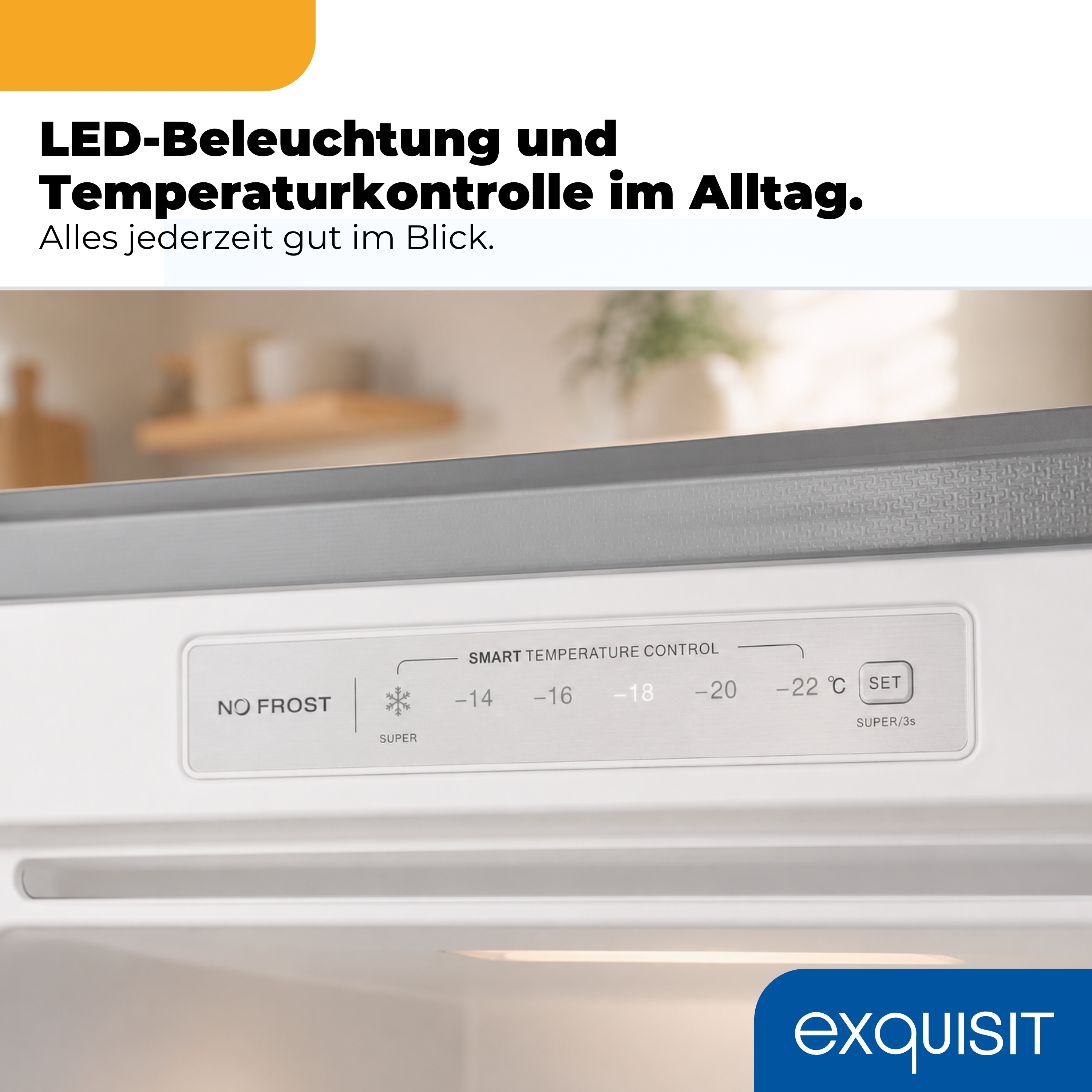 Exquisit Kühlschrank-Bedienfeld mit Smart Temperature Control und No Frost.