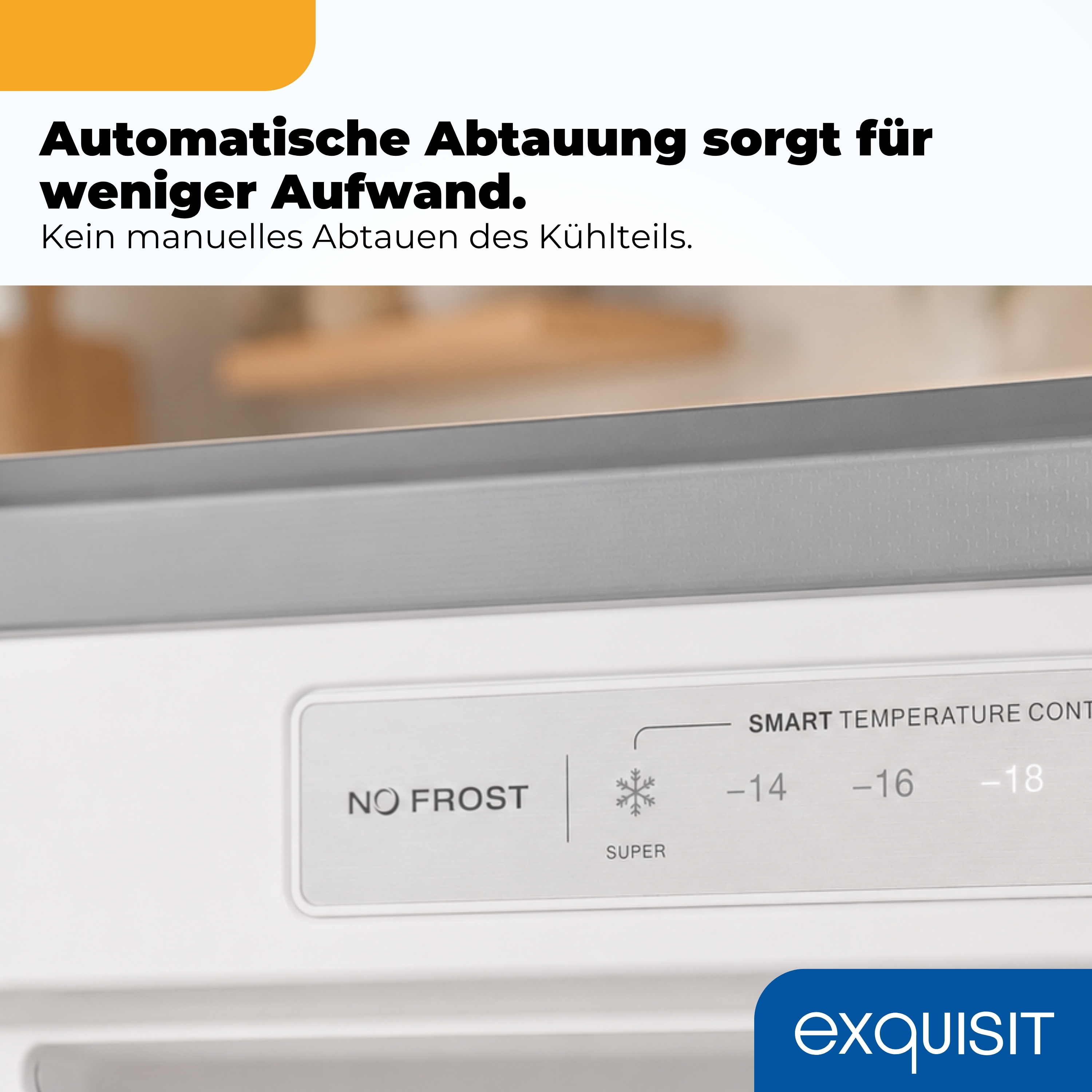 Bedienfeld eines Kühlschranks mit No-Frost-Technologie und Temperaturanzeige unter deutschem Werbetext.