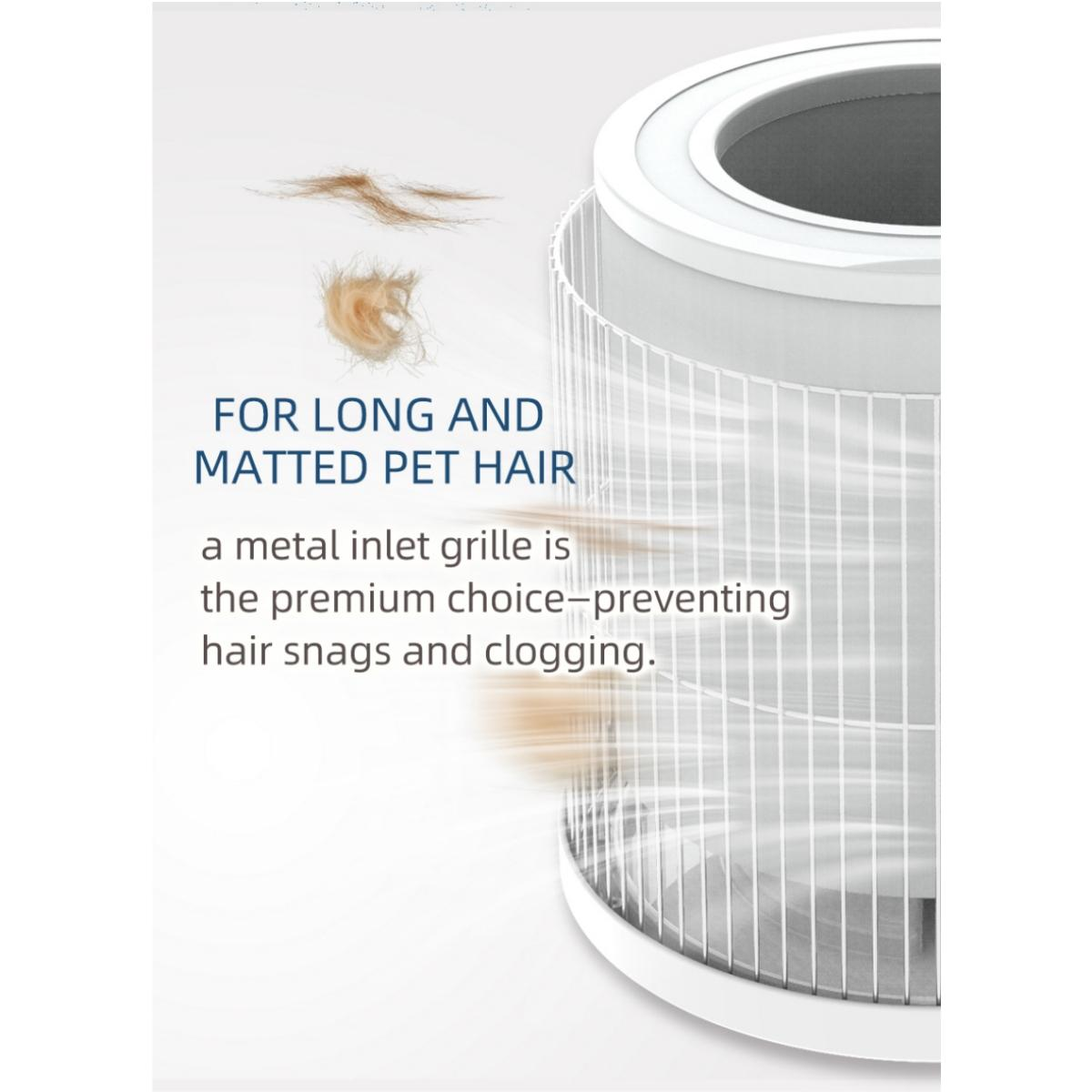 Ein weißes zylindrisches Gerät mit Metallgitter für Tierhaare und erklärendem Text.