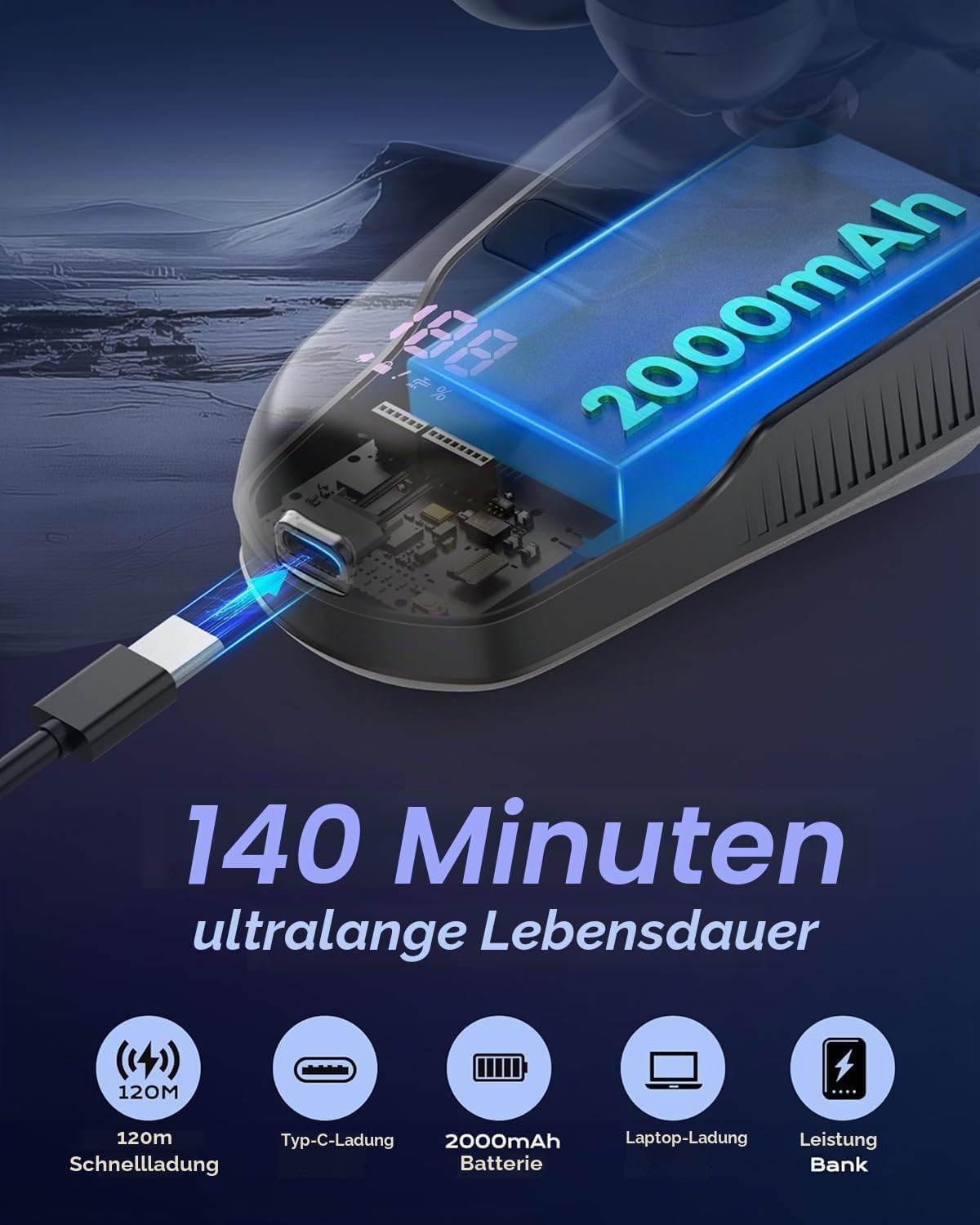 X-förmiges Gerät lädt mit USB-C, hebt 2000mAh Akku und 140 Minuten Laufzeit hervor.