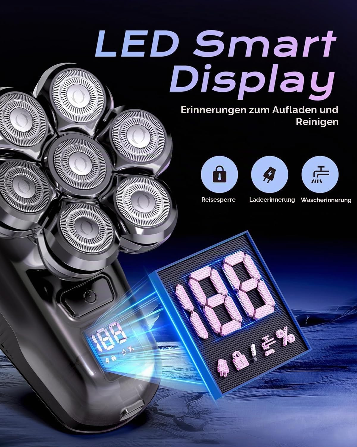 Elektrischer Rasierer mit LED-Smart-Display, sieben Scherköpfen und Indikator-Symbolen vor dunklem Hintergrund.