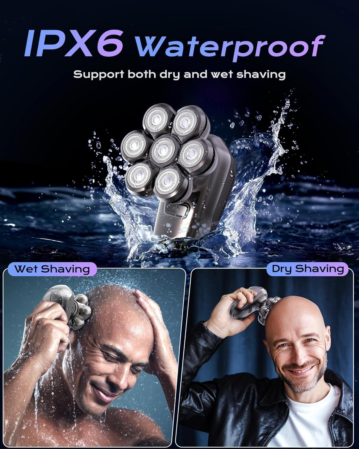 Wasserdichter Rasierer für Nass- und Trockenrasur mit sieben Scherköpfen.