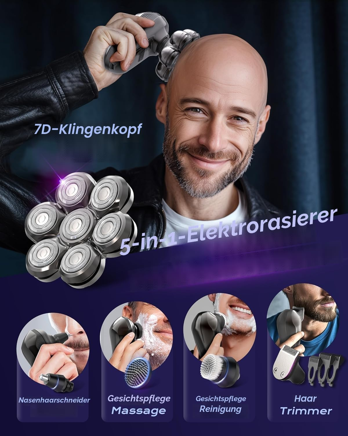 Ein Mann rasiert seinen Kopf mit einem 5-in-1-Elektrorasierer, inklusive Aufsätzen für Bart und Gesicht.