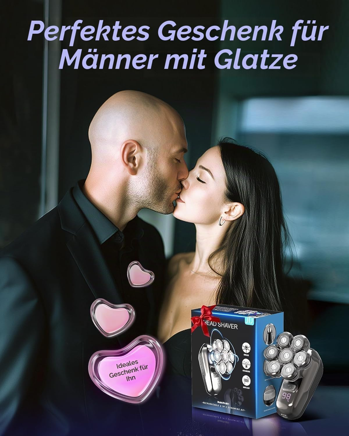 Ein glatzköpfiger Mann und eine Frau küssen sich. Davor steht eine Elektrorasierer-Verpackung und drei rosa Herzen.