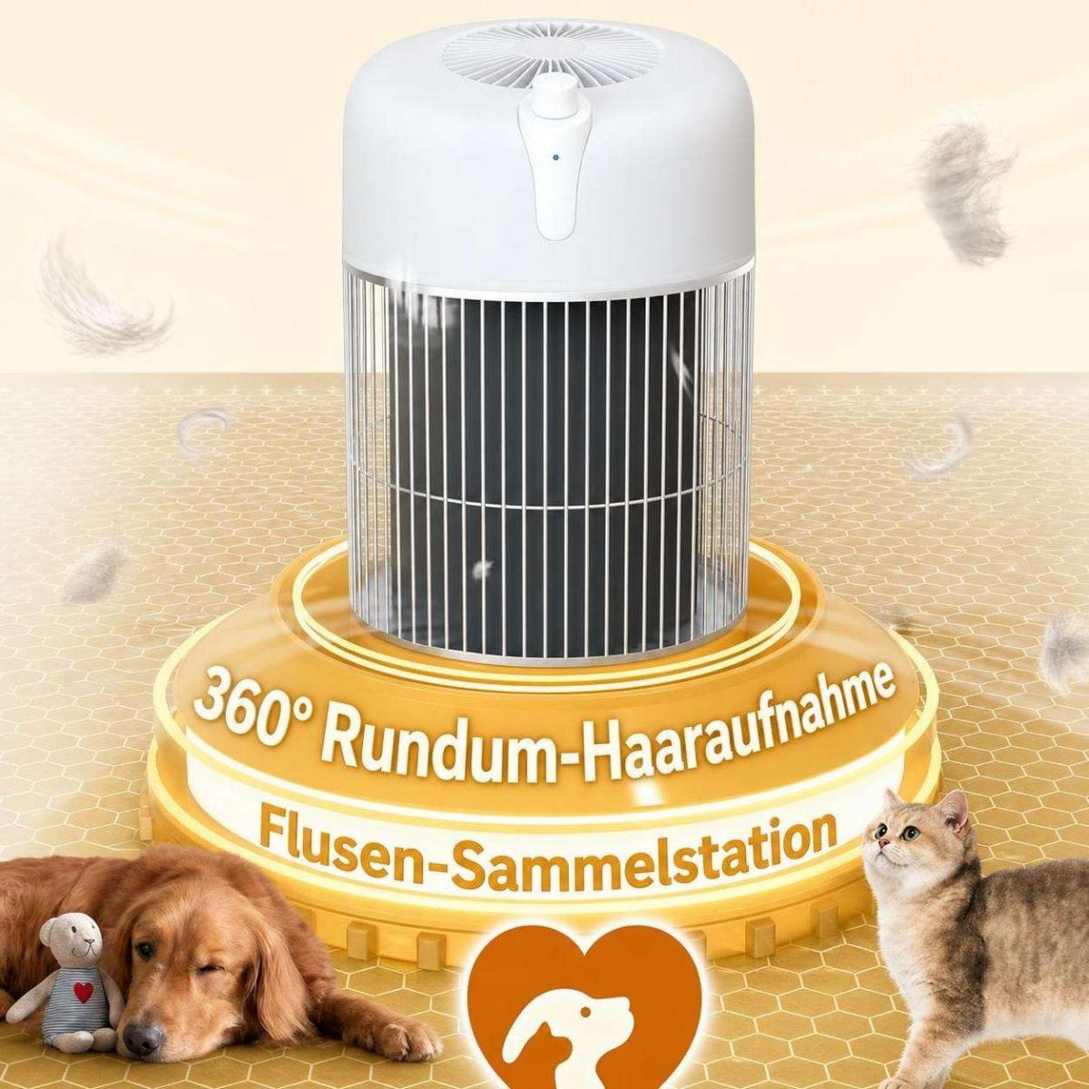 Ein weißer Haarentferner auf goldenem Sockel, mit Hund und Katze.