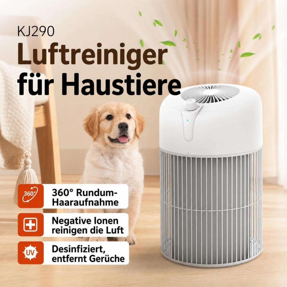 Ein weißer Luftreiniger steht neben einem goldenen Retriever auf einem Holzboden in einem hellen Zimmer.