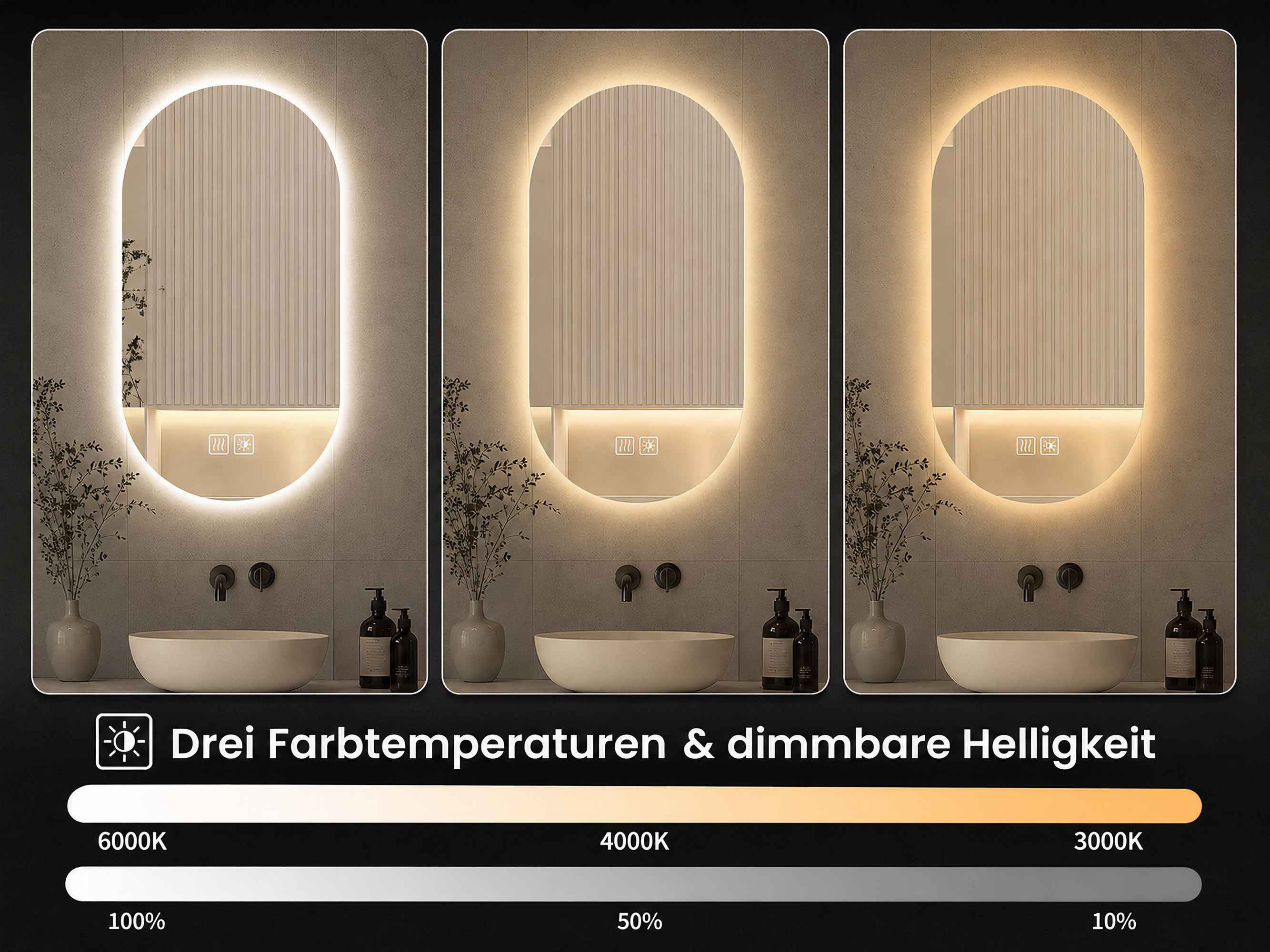 Drei runde Badezimmerspiegel mit dimmbarer LED-Beleuchtung in verschiedenen Farbtemperaturen.