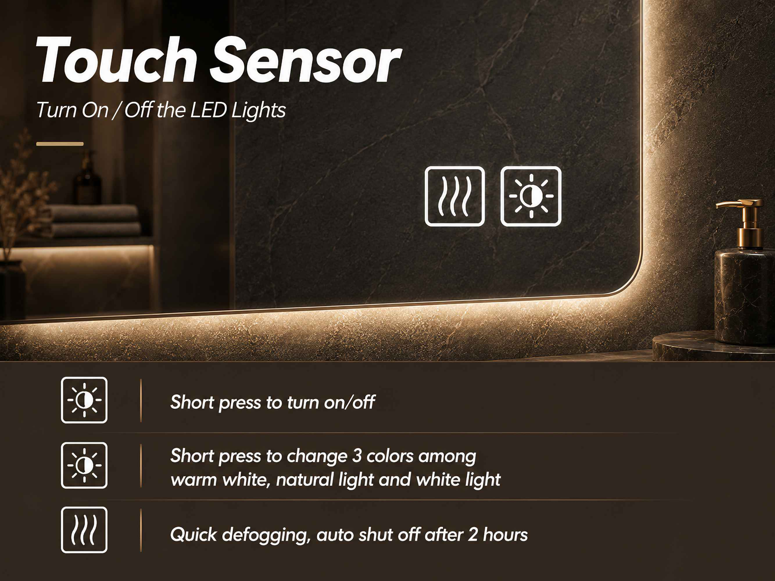 LED-Badezimmerspiegel mit Touch-Sensor-Symbolen für Beleuchtung und Beschlagentfernung sowie Text.