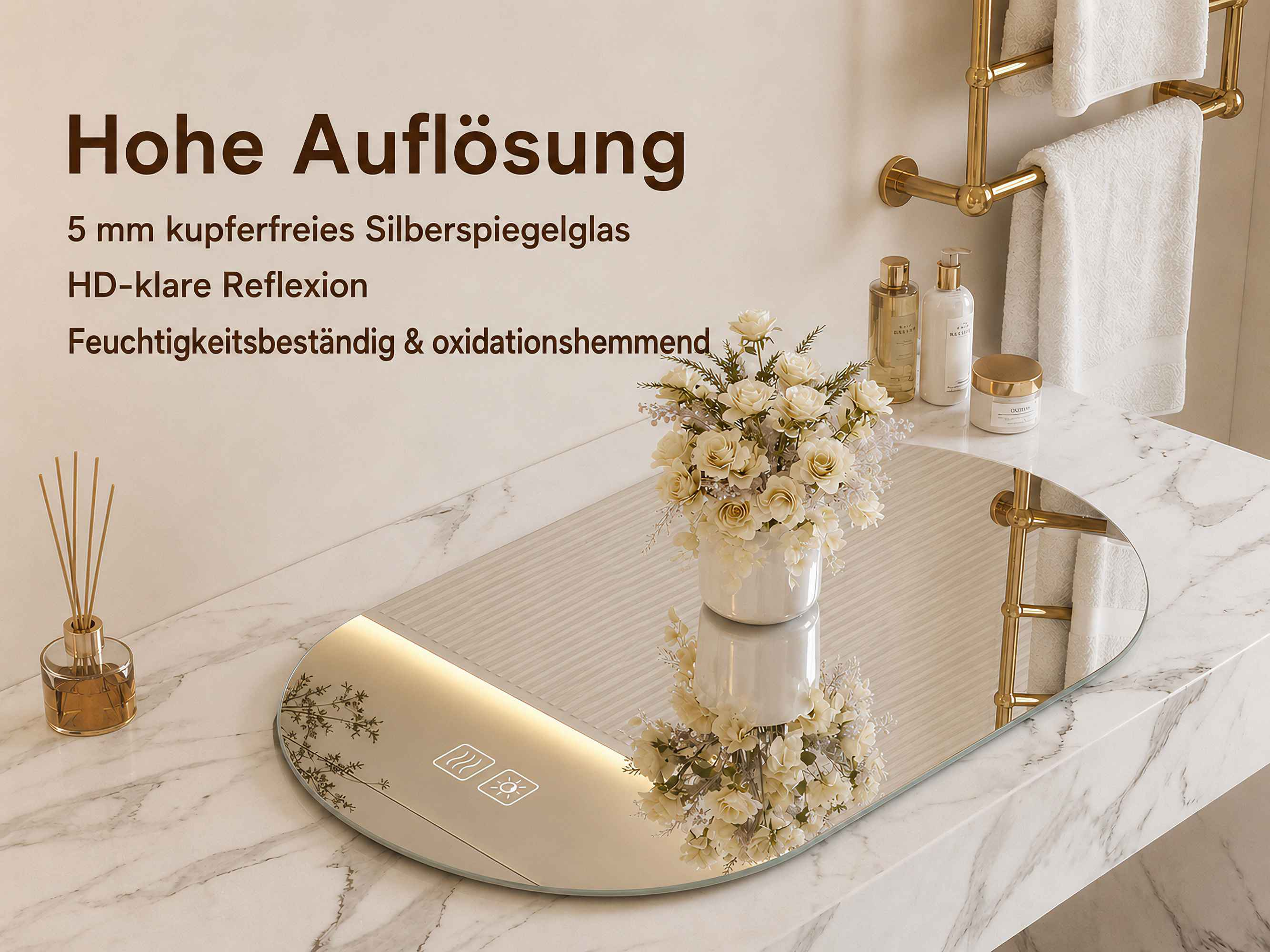 Ein rundes Badspiegelglas mit Blumenstrauß auf einem Marmortisch, daneben Text über Spiegeleigenschaften.