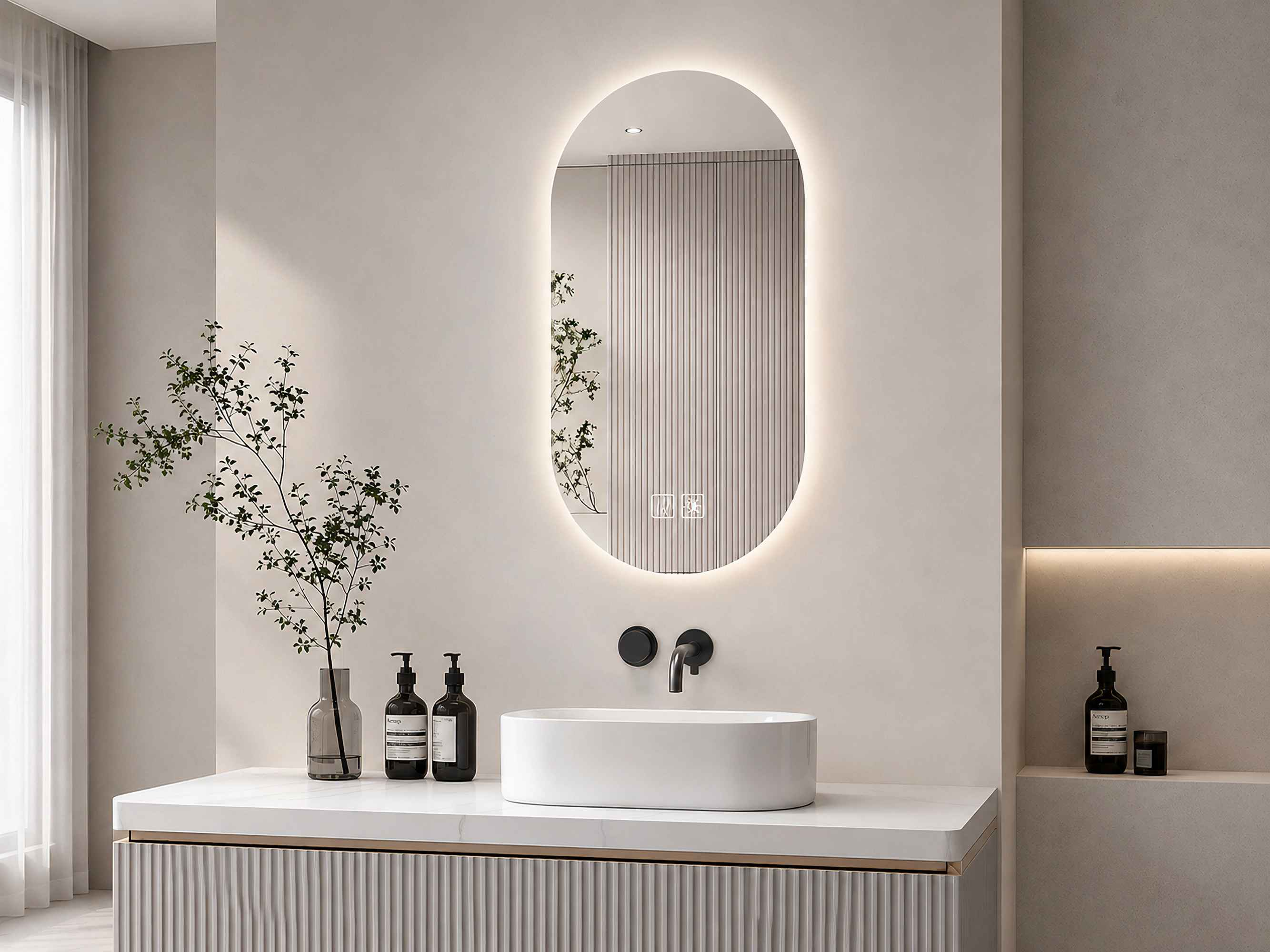 Ein modernes Badezimmer mit weißem Aufsatzwaschbecken, schwarzer Armatur, beleuchtetem Spiegel und Kosmetikflaschen.