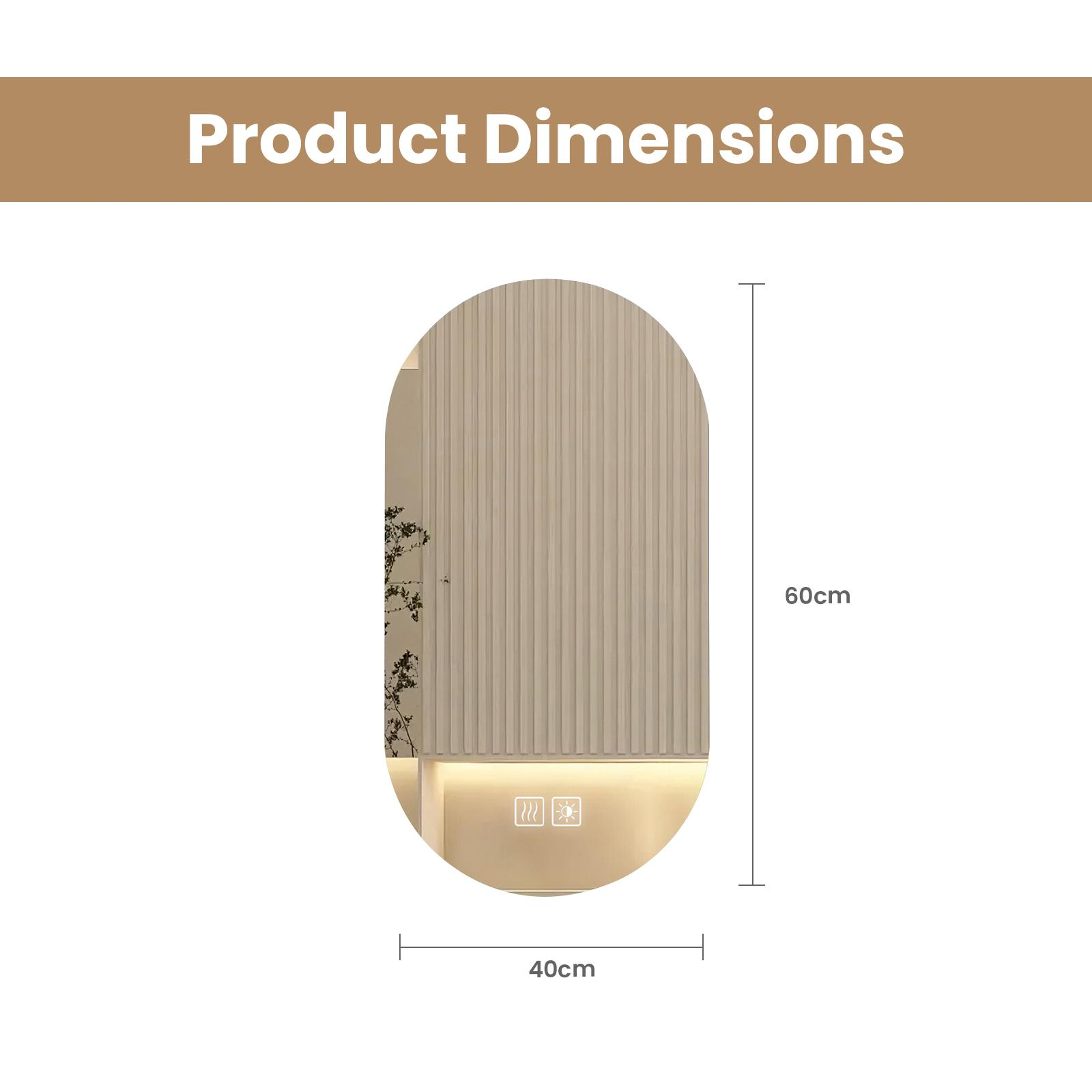 Diagramm zeigt die Produktabmessungen eines ovalen Wandspiegels mit 60cm Höhe und 40cm Breite.