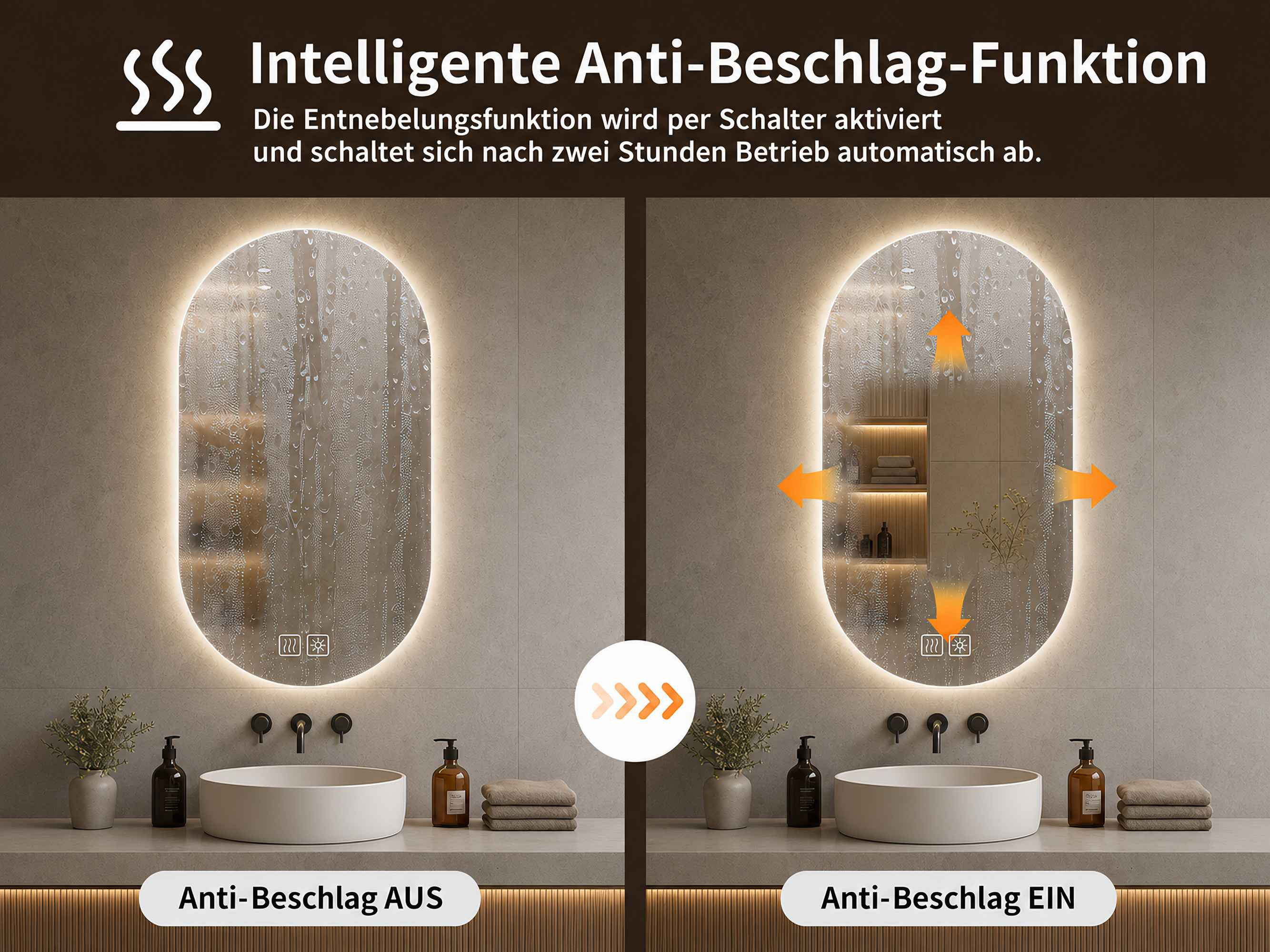 Vergleich zweier ovaler Badspiegel zeigt die Anti-Beschlag-Funktion mit klarer Sicht nach dem Einschalten.
