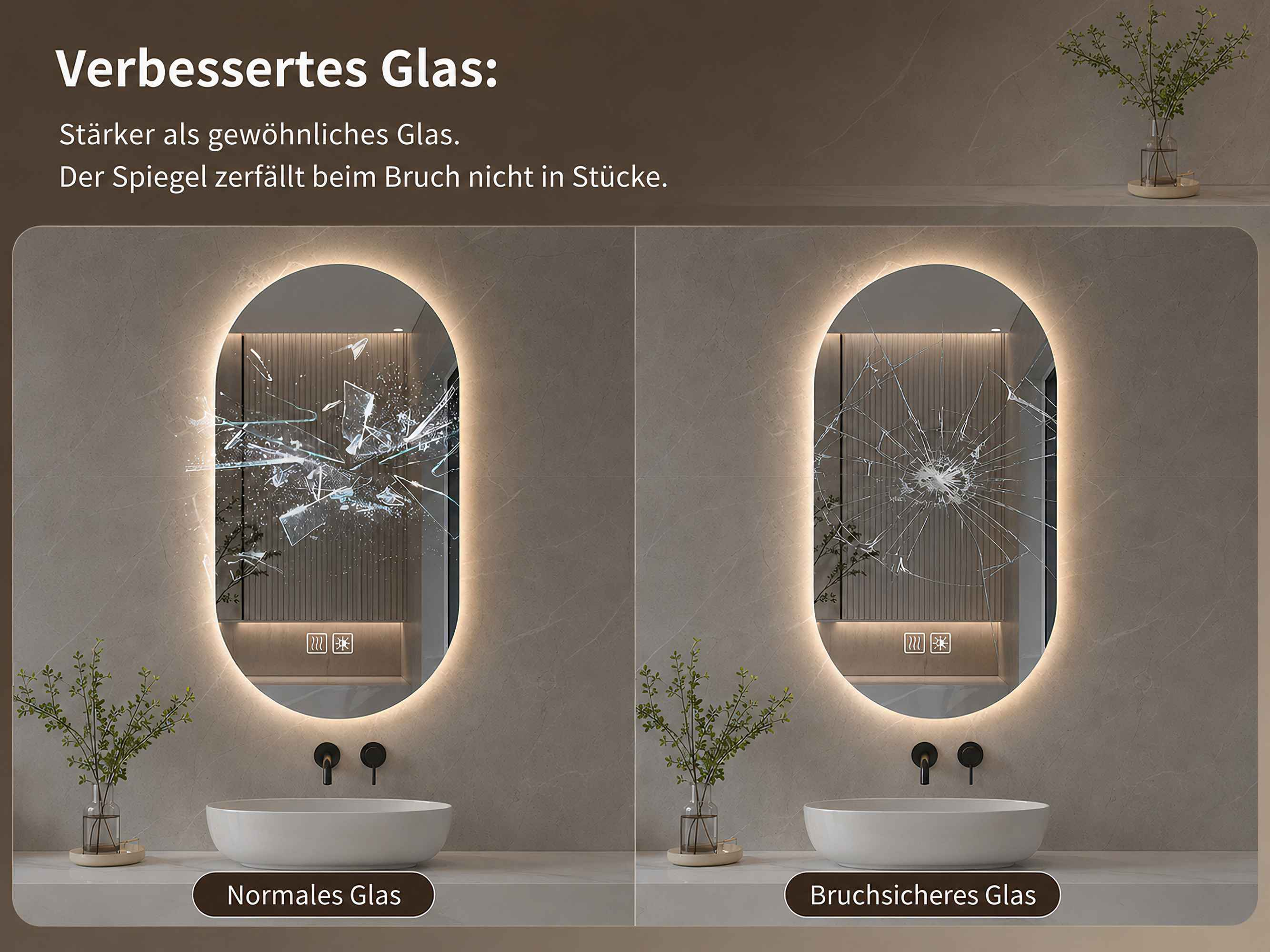 Vergleich zweier Badspiegel: Normales Glas zersplittert in Stücke, bruchsicheres Glas bleibt stabil.