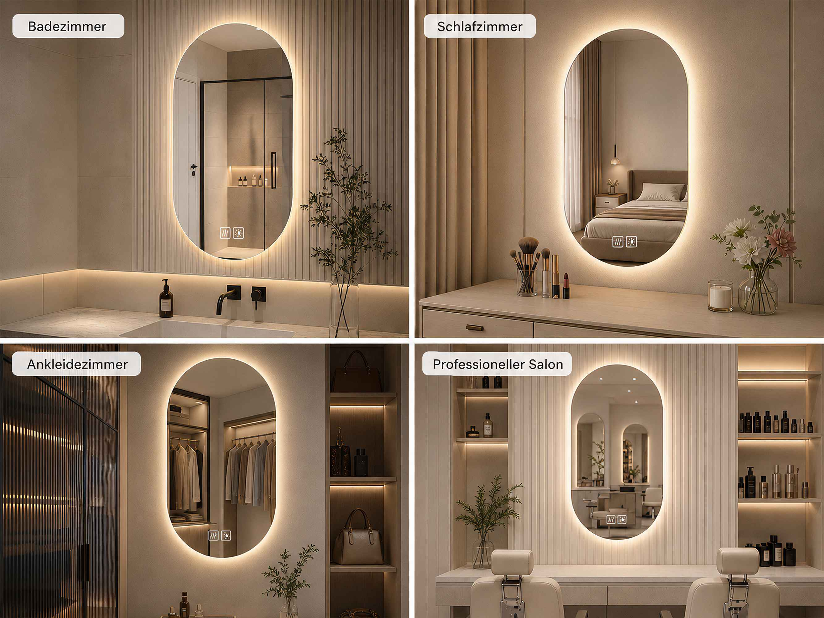 Vier beleuchtete ovale Spiegel in einem Badezimmer, Schlafzimmer, Ankleidezimmer und Salon.