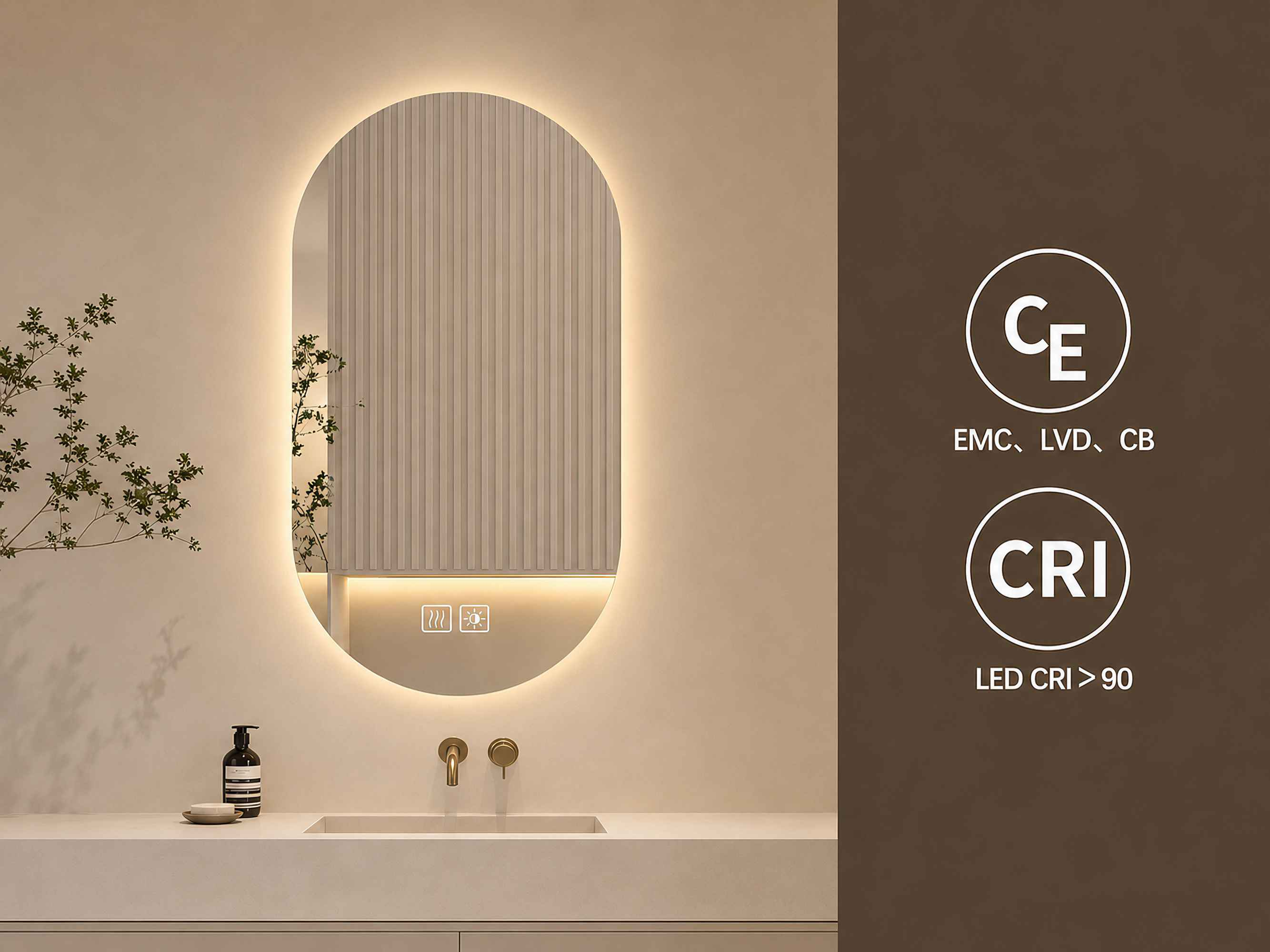 Ein ovaler, hinterleuchteter LED-Badezimmerspiegel hängt über einem Waschbecken, rechts sind CE- und CRI-Zeichen.