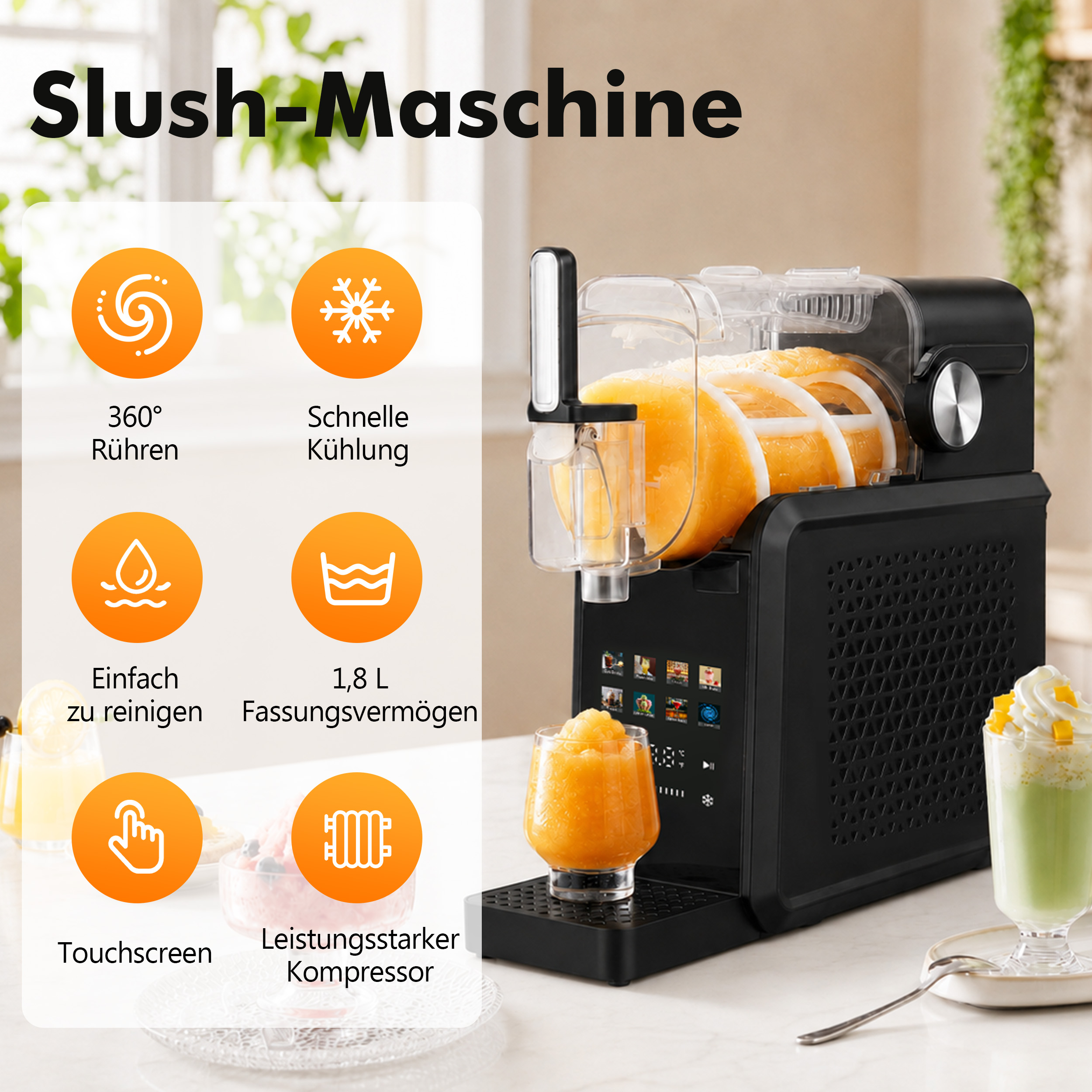 Schwarze Slush-Maschine mit orangem Getränk, Glas und Funktionssymbolen.