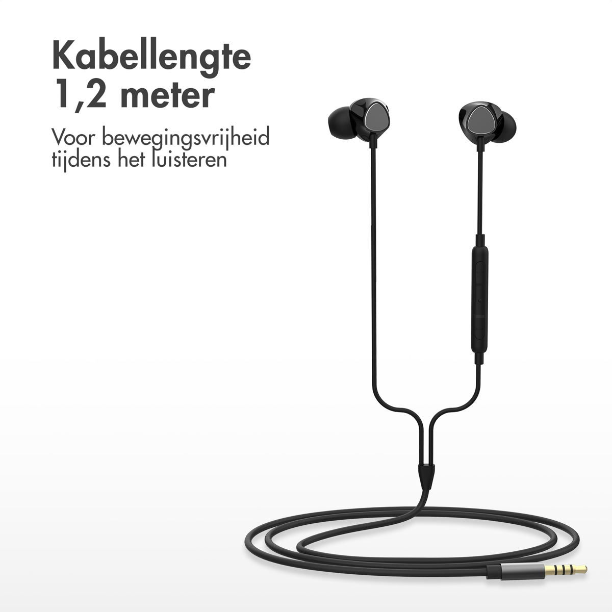 Schwarze In-Ear-Kopfhörer mit 1,2 Meter langem Kabel, integrierter Fernbedienung und vergoldetem 3,5-mm-Klinkenstecker.