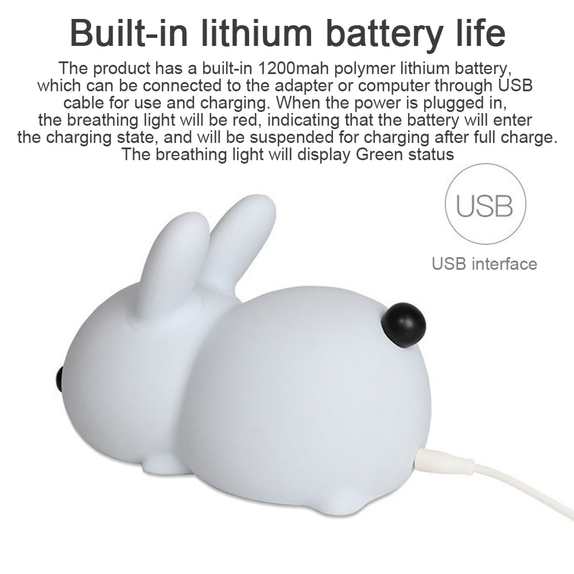 Eine weiße, hasenförmige Silikonlampe mit Ladekabel zeigt Produktdetails zur Akkulaufzeit.