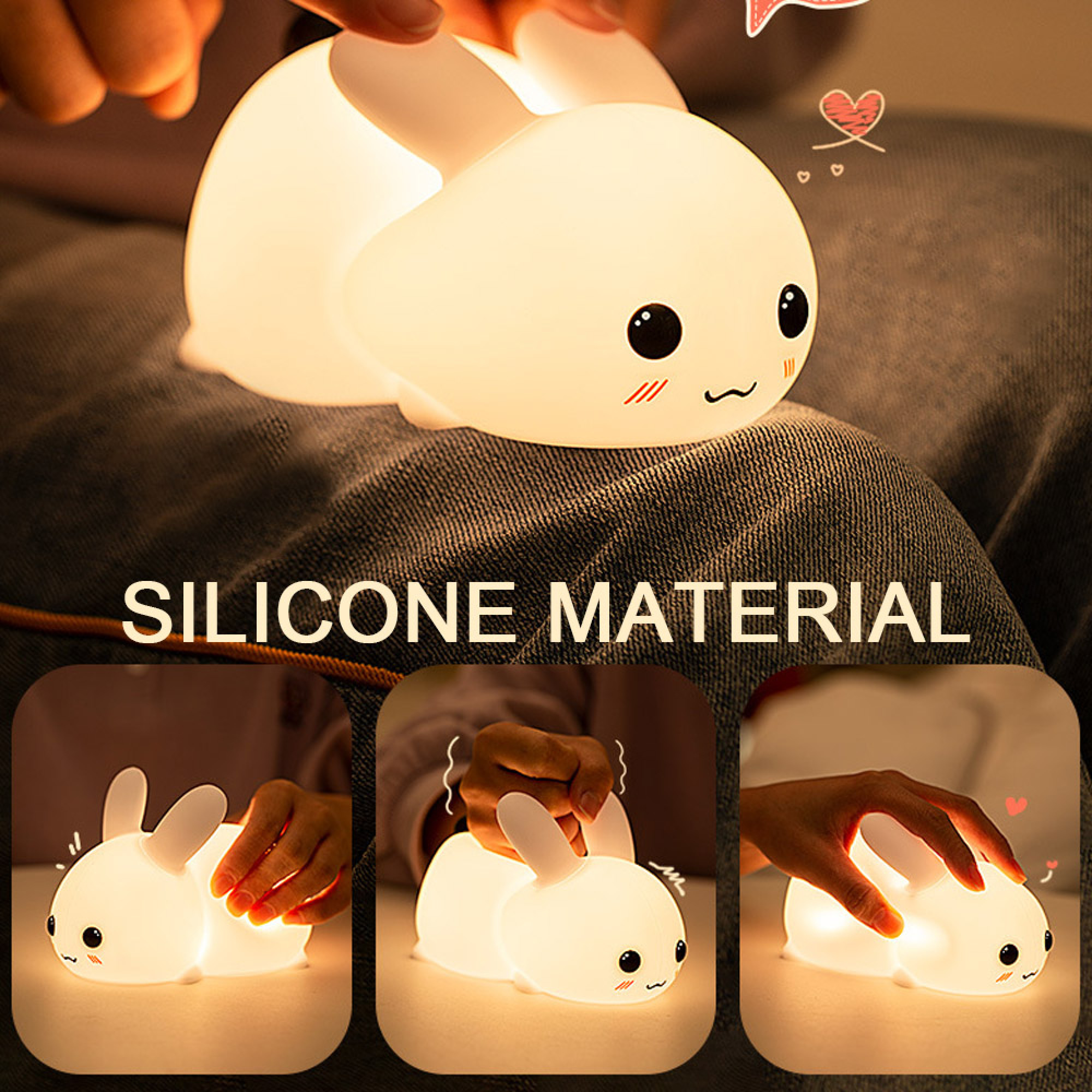 Eine weiche, leuchtende Hasen-Silikonlampe wird von Händen gedrückt, mit drei kleineren Bildern unten.