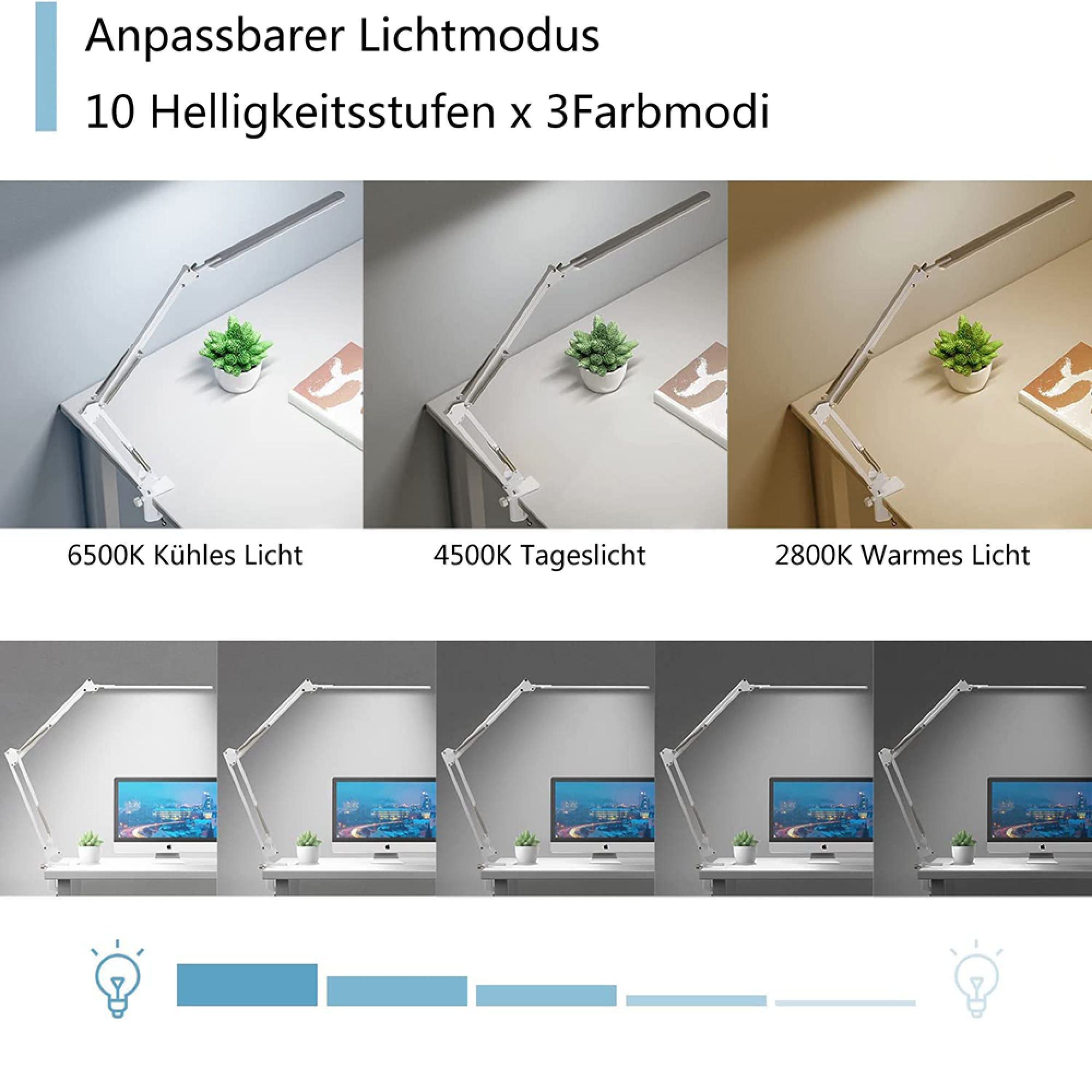 Anpassbare Schreibtischlampe mit 10 Helligkeitsstufen und 3 Farbmodi.