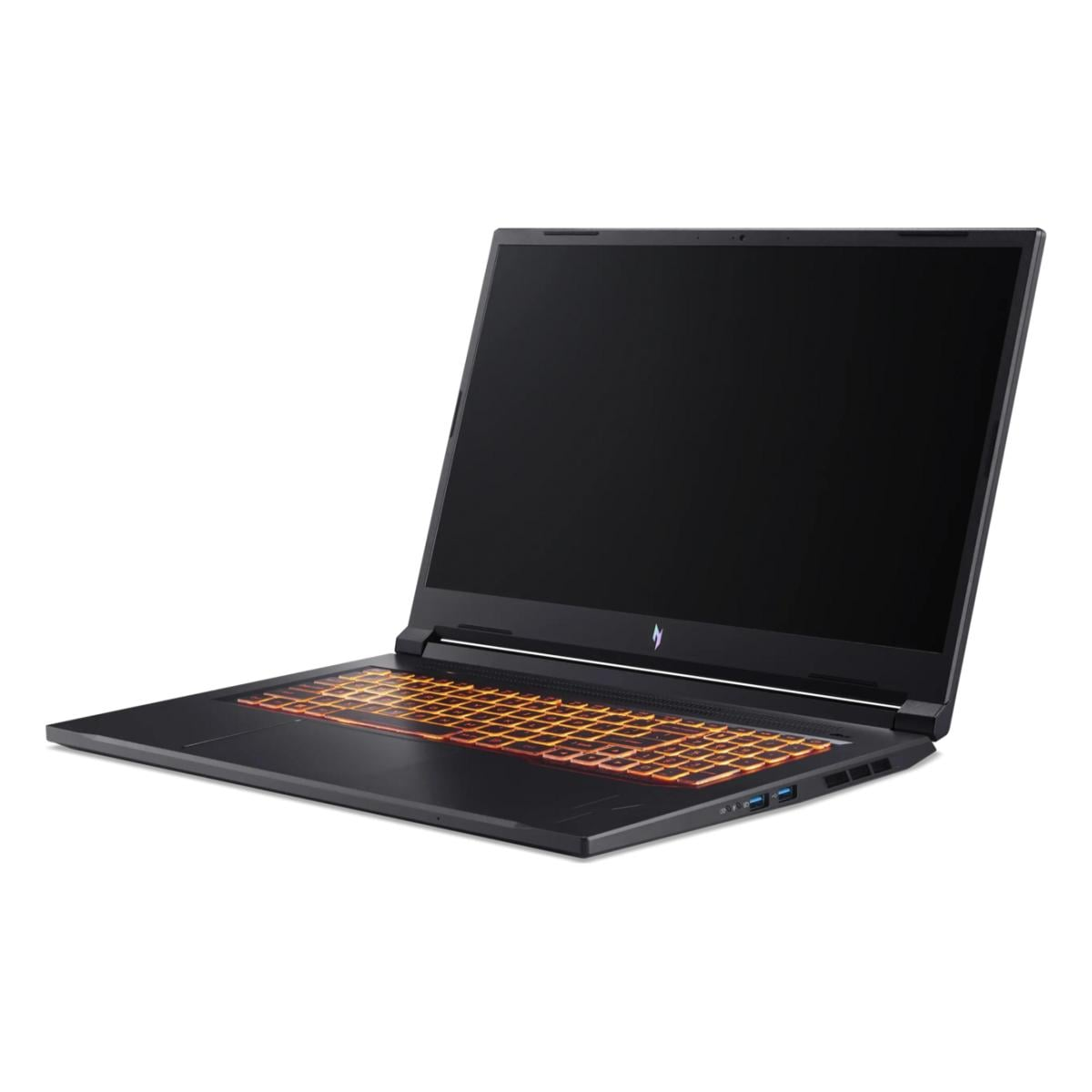 Ein schwarzer Laptop mit beleuchteter orangefarbener Tastatur steht offen vor weißem Hintergrund.