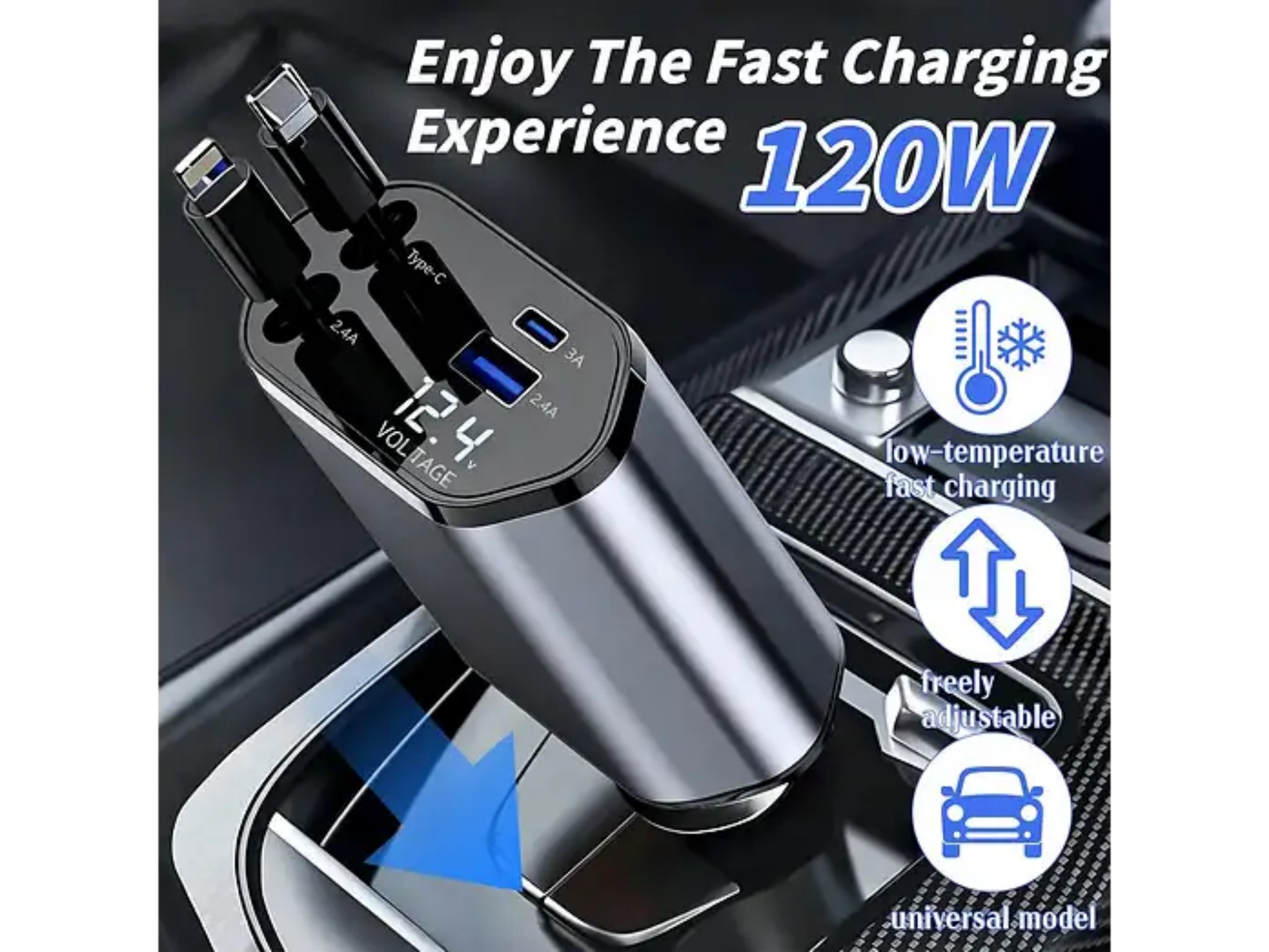 Ein silbernes 120W Auto-Ladegerät mit mehreren Anschlüssen und digitaler Spannungsanzeige in einer Autokonsole.