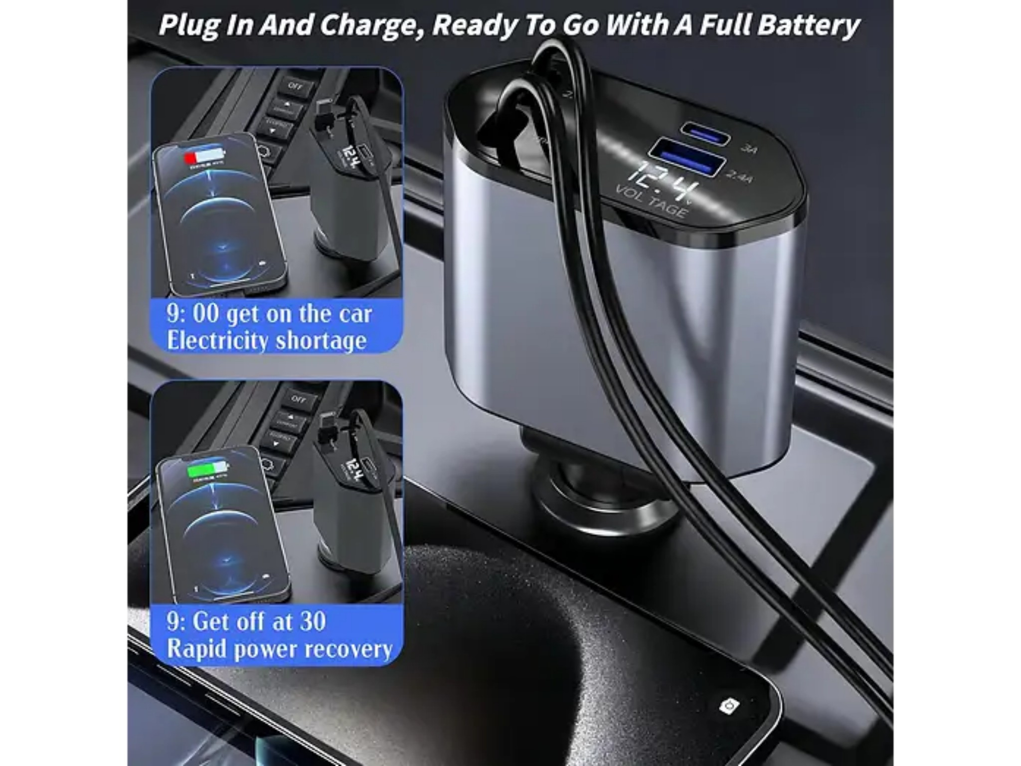 Ein silbernes Autoladegerät in einer Konsole mit USB-Anschlüssen und digitaler Spannungsanzeige für schnelles Laden.