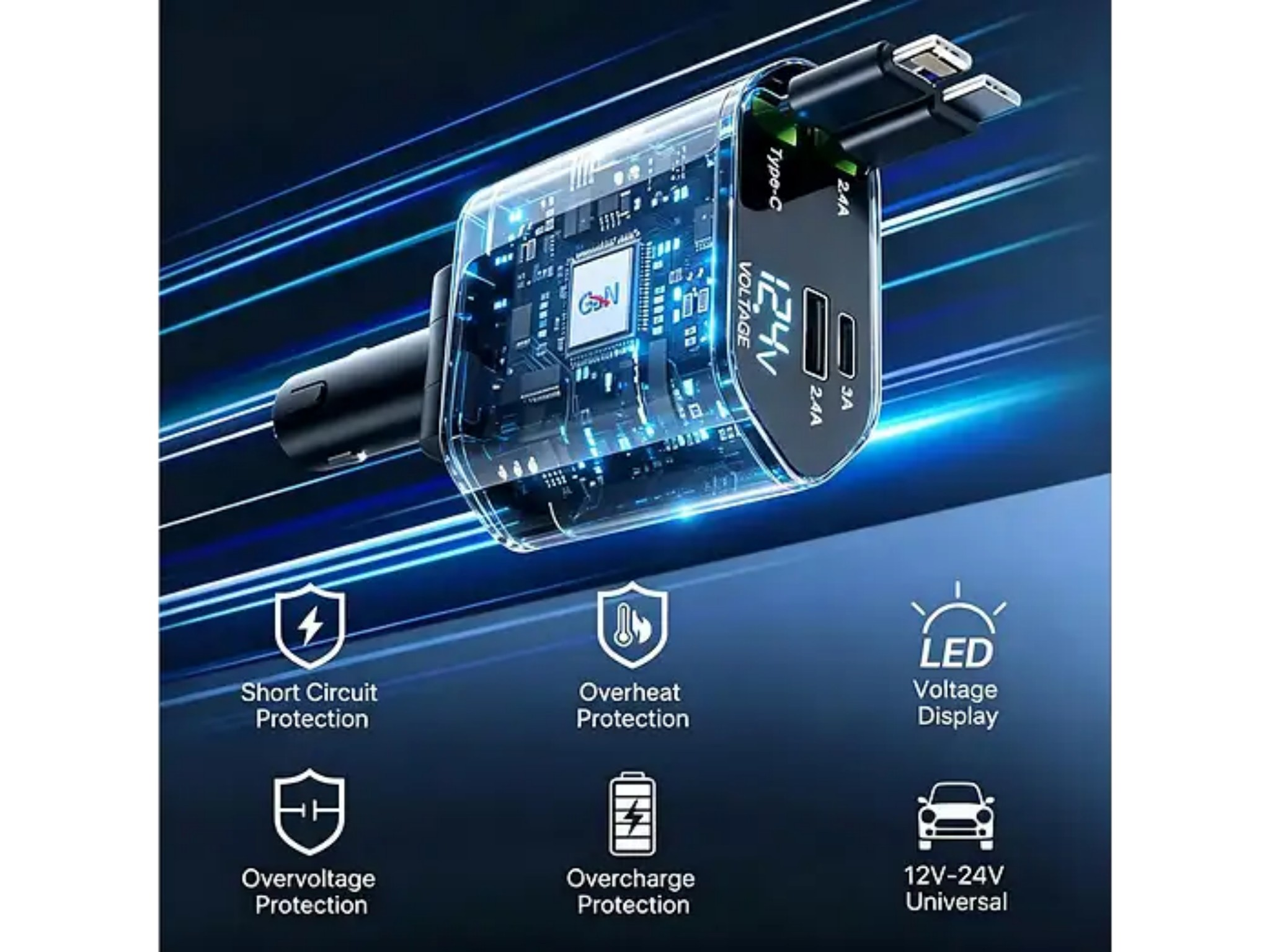 Transparenter USB-Autoladeadapter mit digitaler Spannungsanzeige, mehreren Schutzfunktionen und blauem Hintergrund.