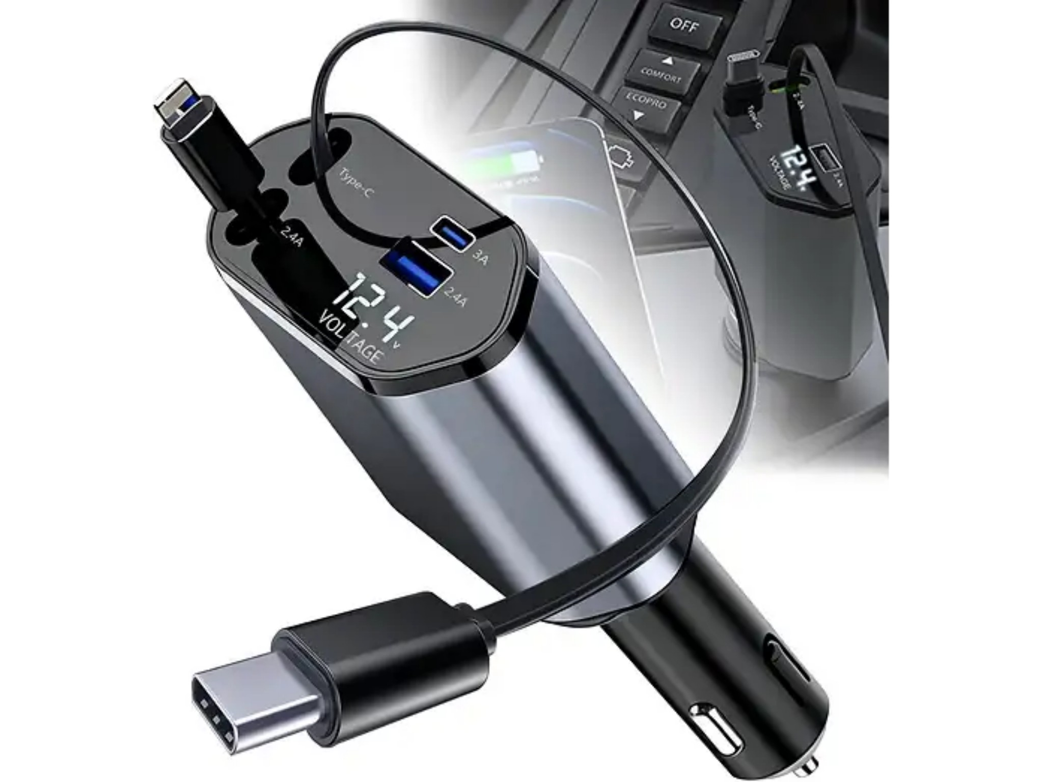 Ein silberner Auto-USB-Lader mit digitaler Spannungsanzeige und angeschlossenem Kabel.