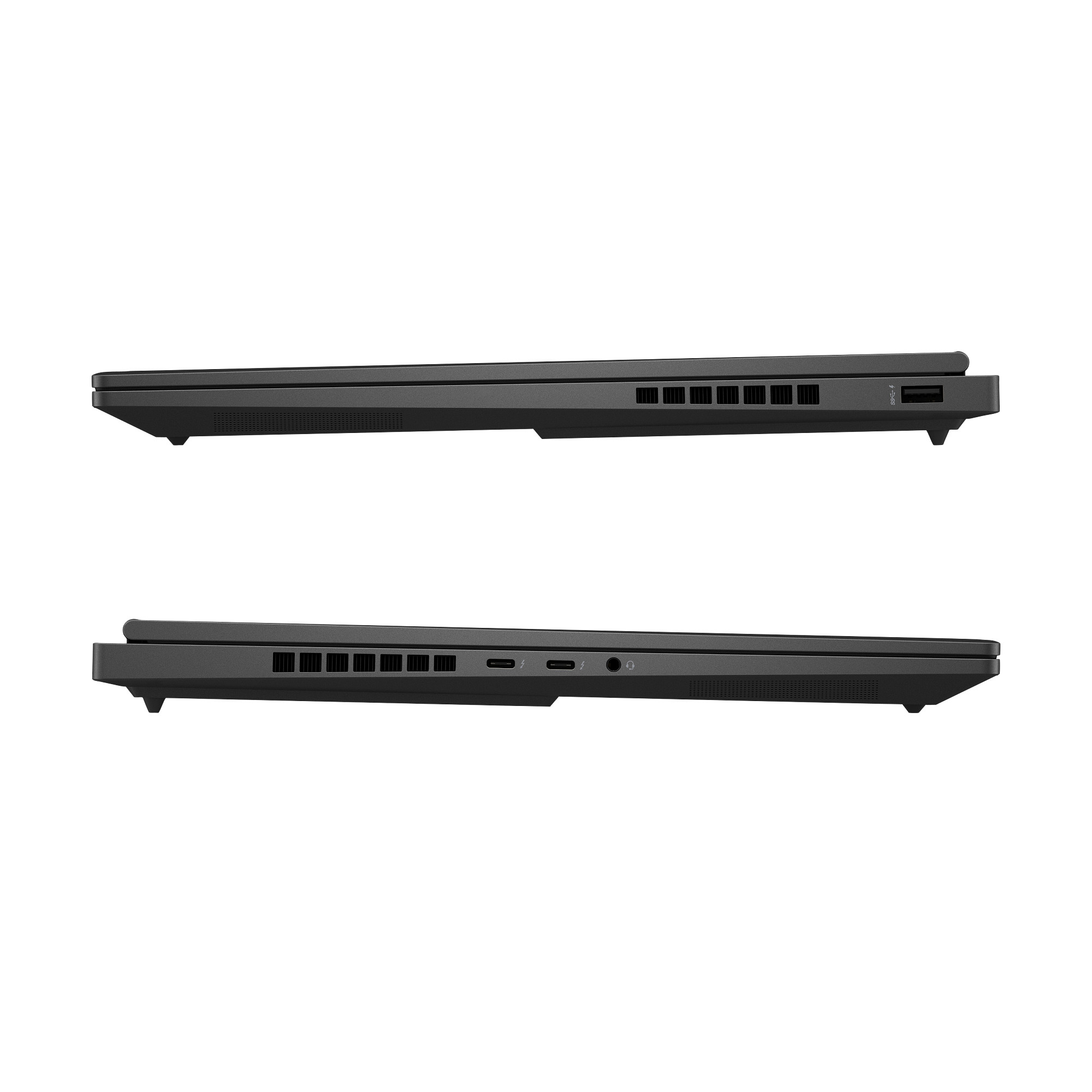 Zwei Seitenprofile eines schwarzen Laptops zeigen Anschlüsse, Lüftungsschlitze und ein modernes Gehäusedesign.