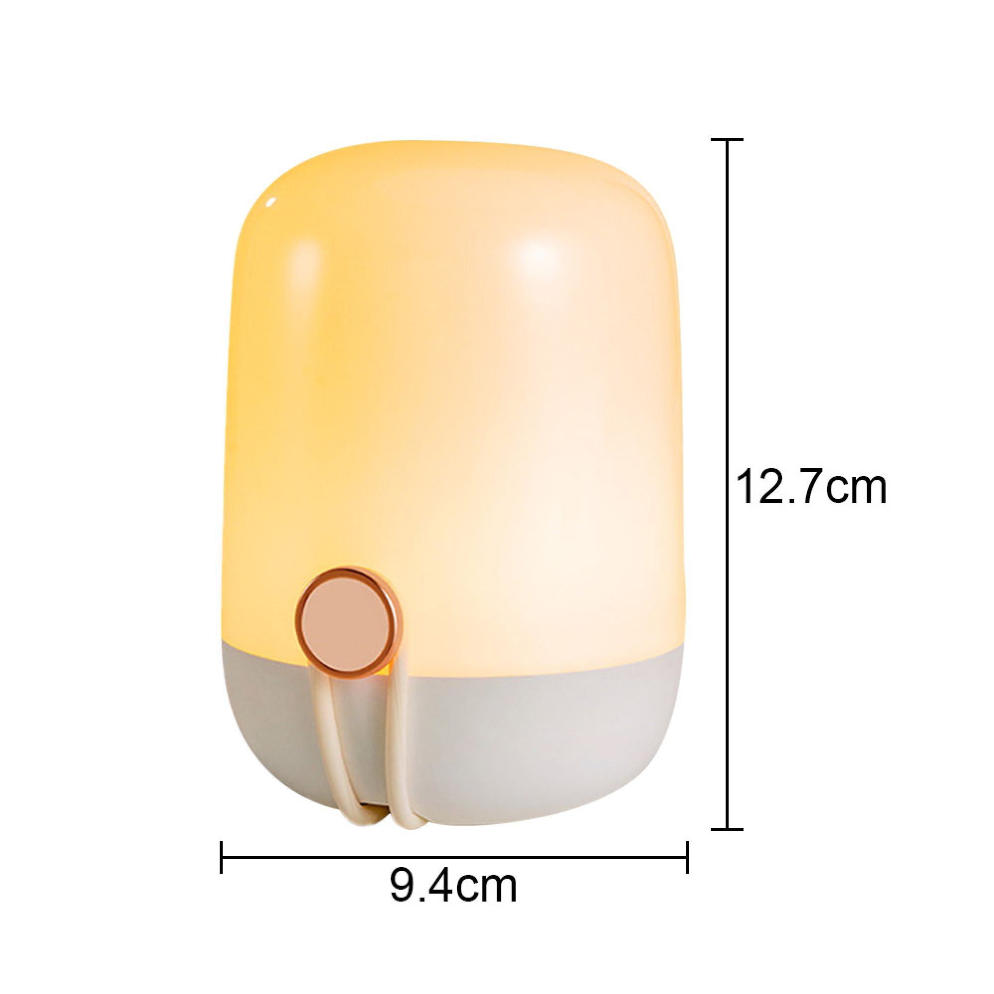 Eine kleine gelbe und graue Nachtlampe mit den Maßen 12,7 cm Höhe und 9,4 cm Breite.