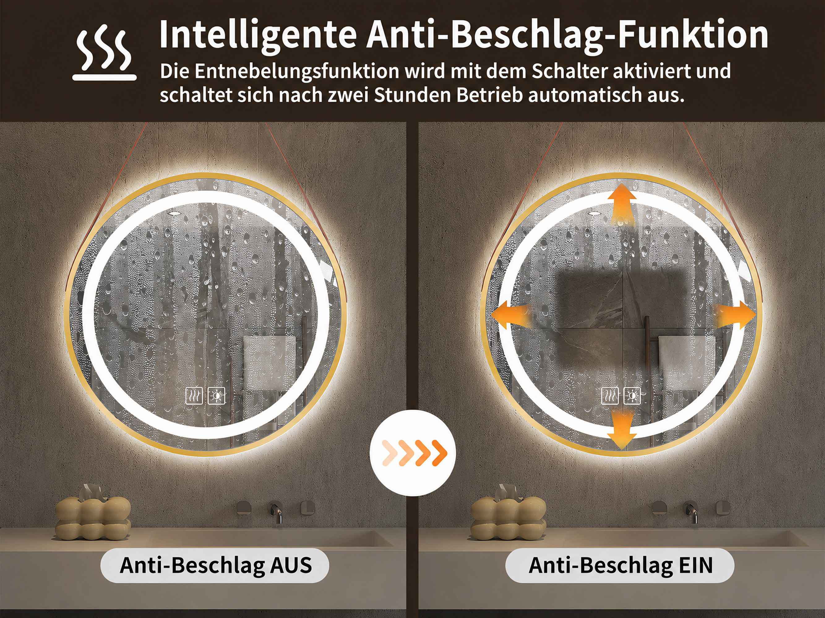Vergleich zweier runder Spiegel mit und ohne Anti-Beschlag-Funktion in einem Badezimmer.