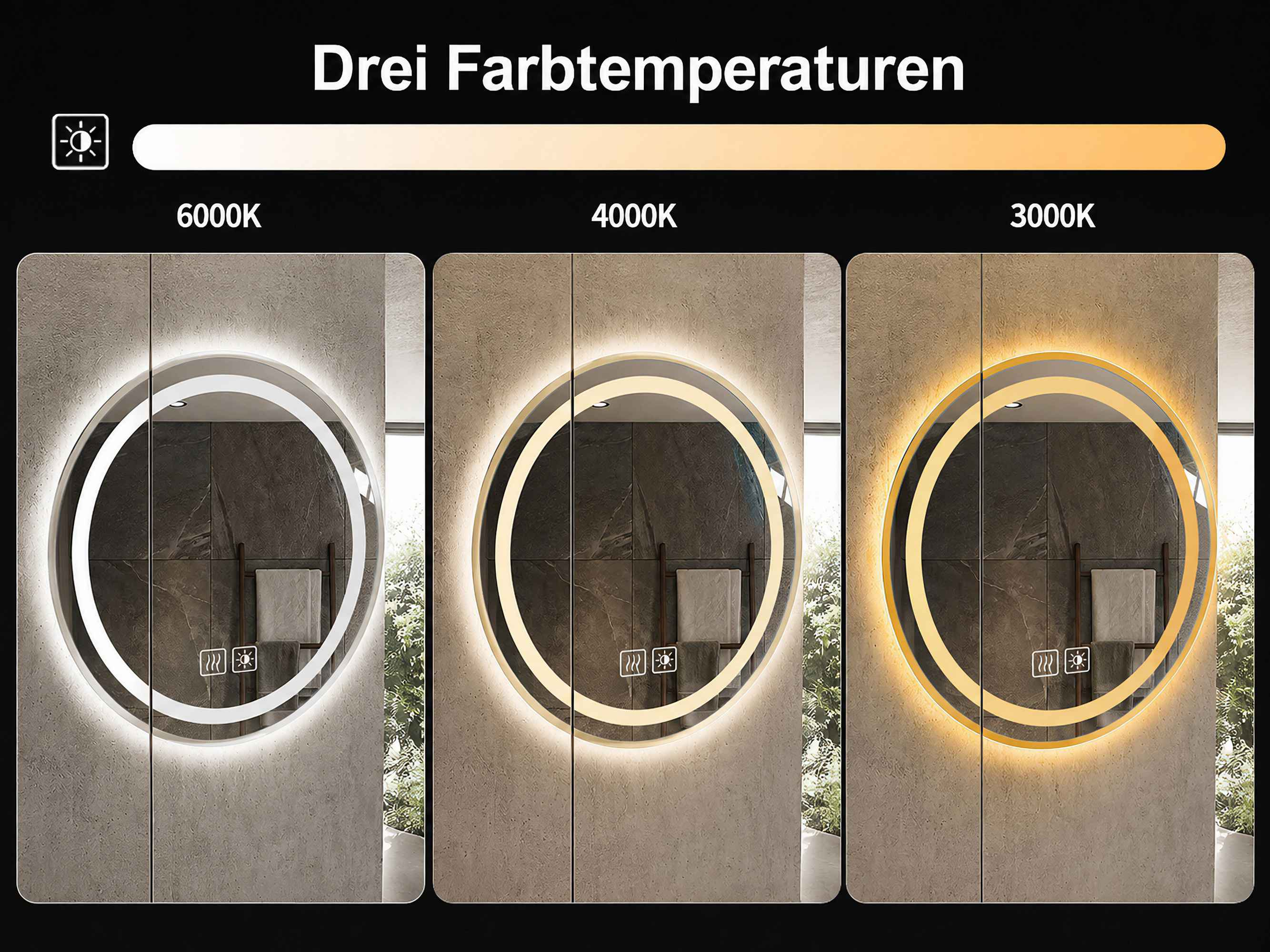 Vergleich von drei Farbtemperaturen (6000K, 4000K, 3000K) an einem runden Badezimmerspiegel.